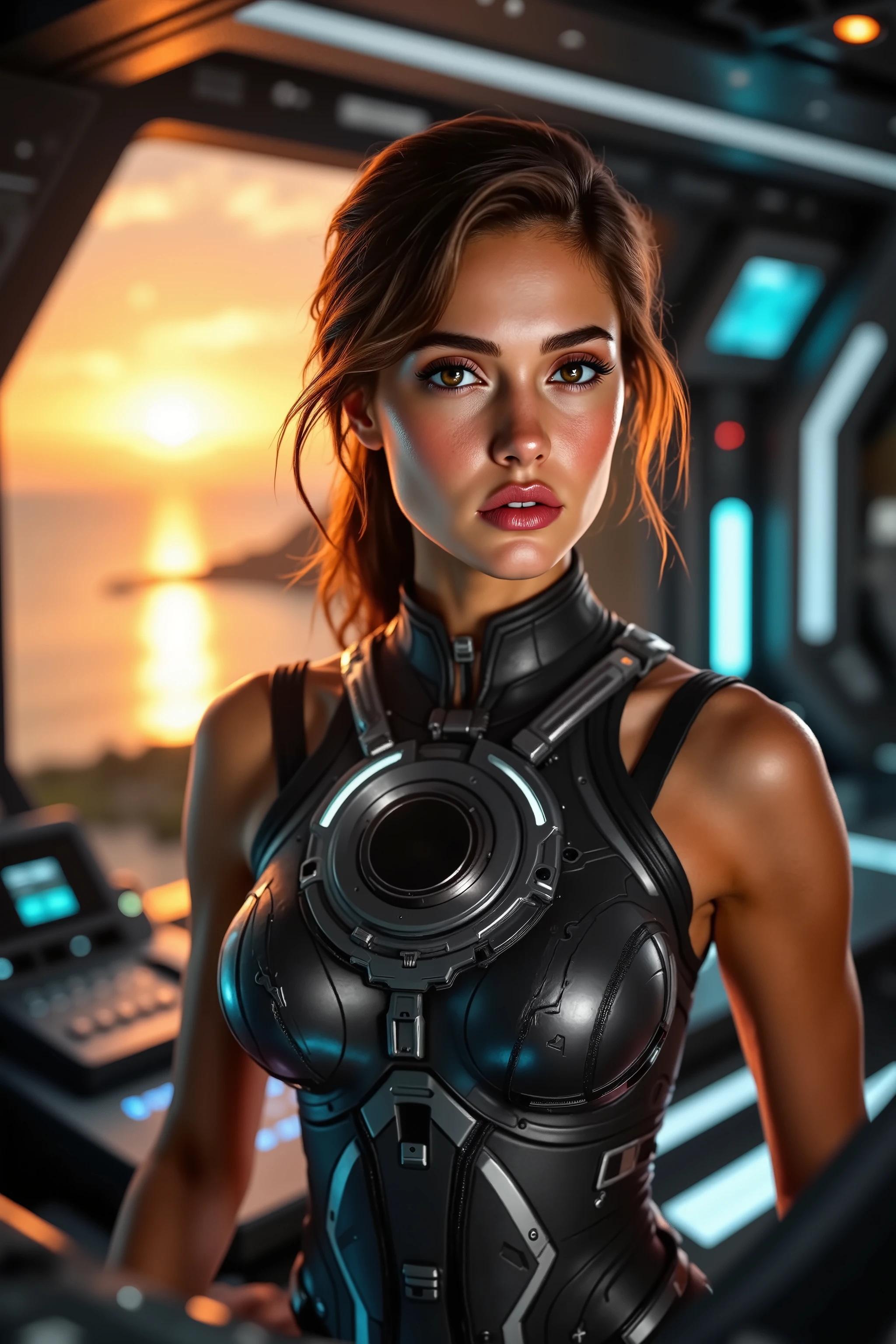 gorgeous woman (natal13m4r5), she's a men magazine model, fighting for her life in the far future, spaceships, mech armor, techno armor, scifi fantasy, (in sunset light:1.2), perfect eyes, perfect hands, perfect body, perfect hair, hair behind ear, UHD, retina, masterpiece, accurate, anatomically correct, textured skin, super detail, high details, high quality, award winning, best quality, highres, 16k, 8k, on the bridge of a starship, arc reactor on her chest