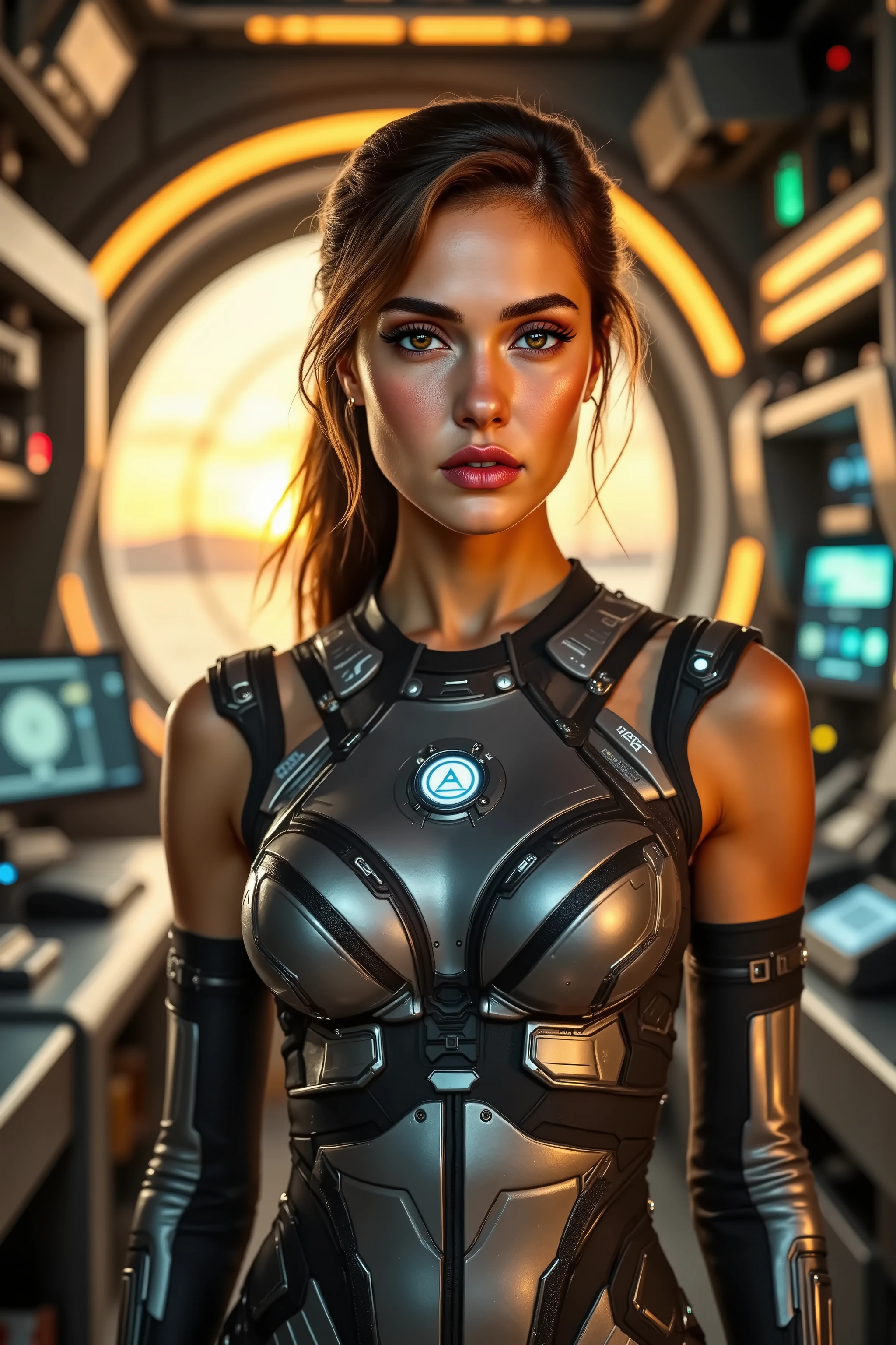 gorgeous woman (natal13m4r5), she's a men magazine model, fighting for her life in the far future, spaceships, mech armor, techno armor, scifi fantasy, (in sunset light:1.2), perfect eyes, perfect hands, perfect body, perfect hair, hair behind ear, UHD, retina, masterpiece, accurate, anatomically correct, textured skin, super detail, high details, high quality, award winning, best quality, highres, 16k, 8k, on the bridge of a starship, arc reactor on her chest