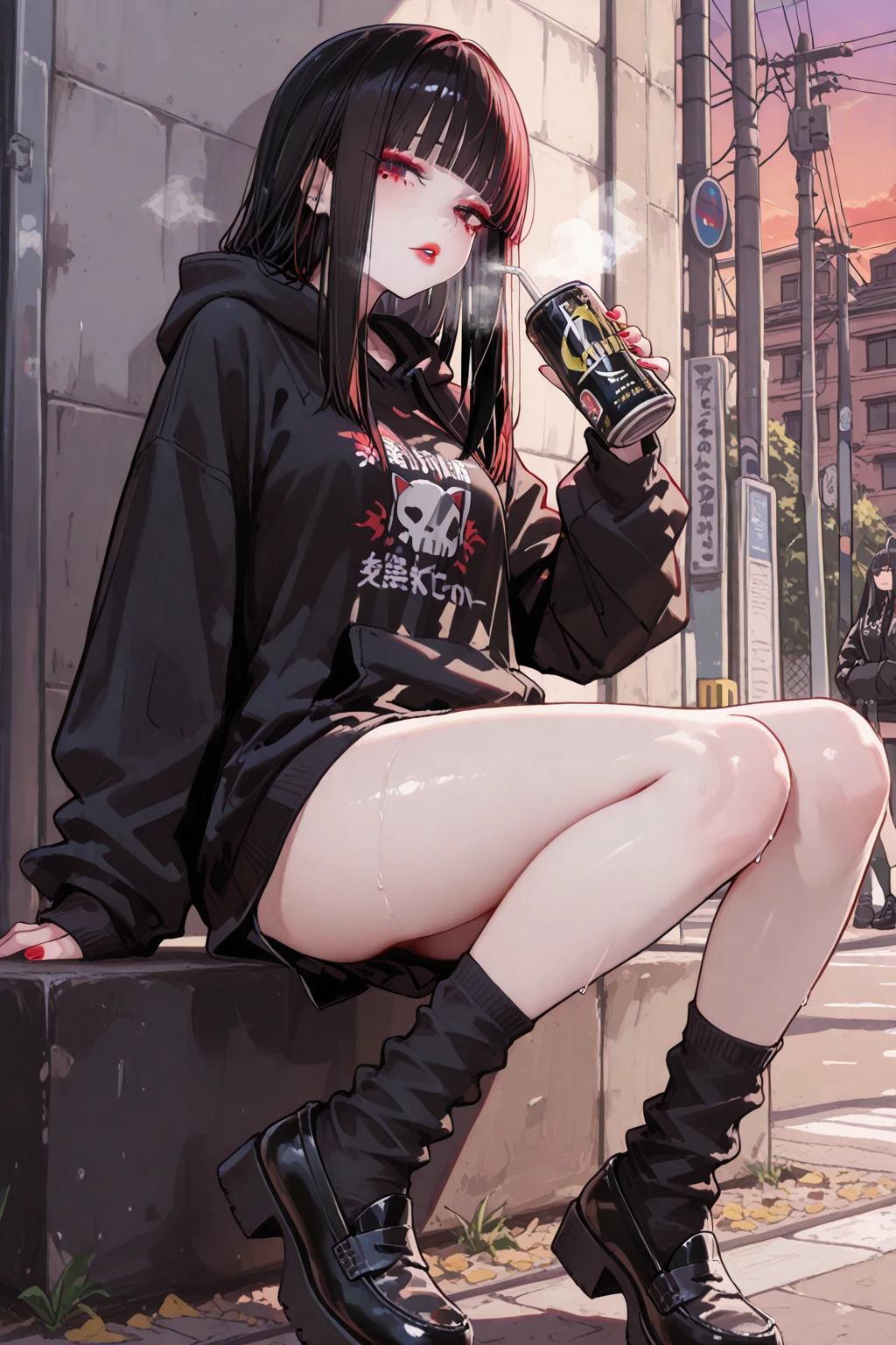 masterpiece, newest,absurdres, incredibly absurdres,<lora:748cm_illu-000011:1> 7481llu,<lora:b4pes4:1>,sneakers,surreal,  1girl, solo, shoes, long hair, jewelry, cigarette,closed eyes,  necklace, smoking,smoke,paint on clothes,multicolored paint,  long sleeves, bangs, holding, ring,pattern,glitch,sketch, squatting, smoke, night, chain, outdoors,black shirt,photo background, film grain, foreshortening, depth of field,