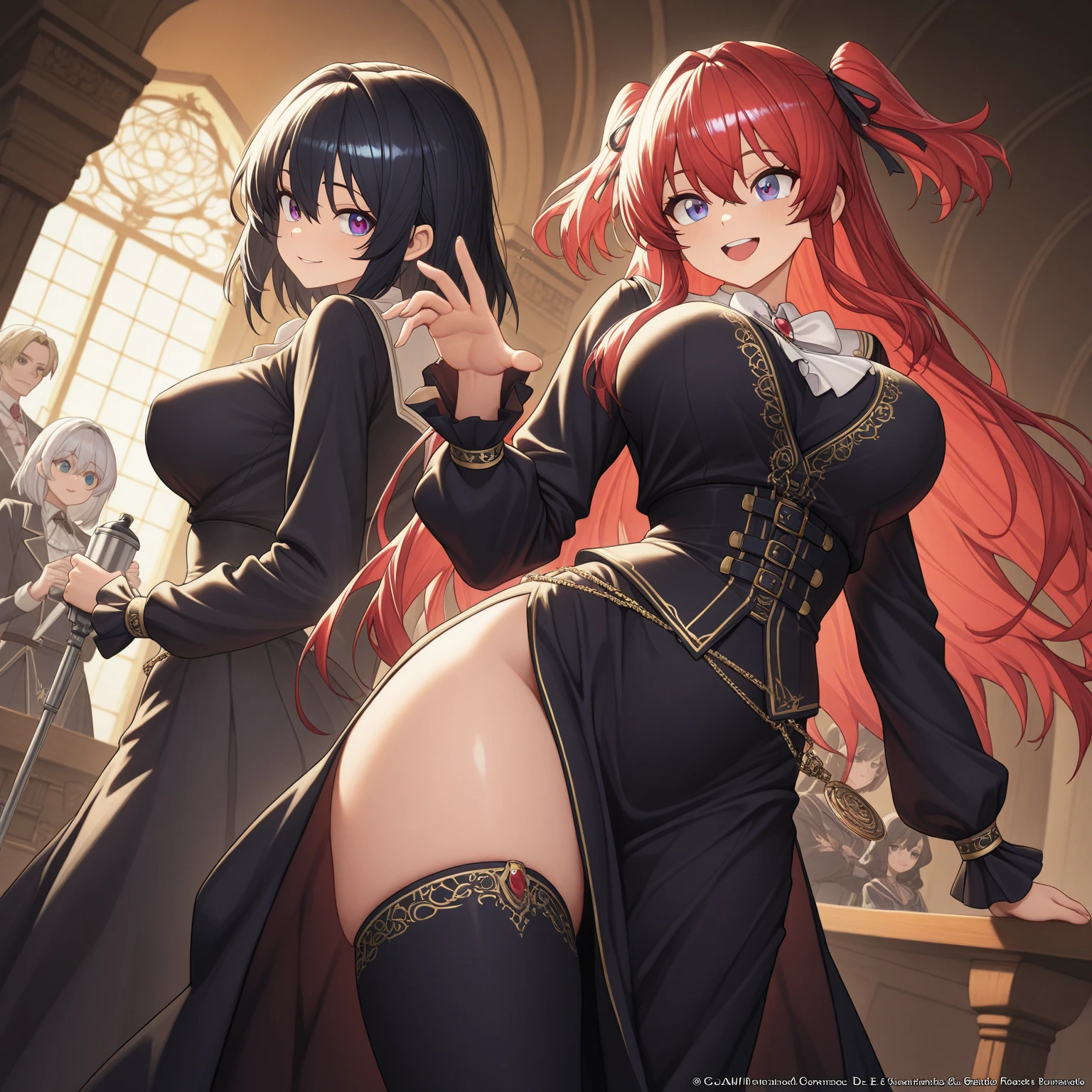 Masutepiece, La mejor calidad,  los fondos de pantalla CG Unity 8K extremadamente detallados,  Bruja sexy , Cabello largo y ondulado marron、Tejido de punto sin hombros, (Falda plisada azul oscuro), Leche mediana,  ruboroso, Shy laughter, Pose de hombros descubiertos sobresaliendo)、(Dio la vuelta)、caderas sexys、Ropa interior roja sexy、tacones negros、Deluxe magic wand and book、iglesia del castillo、pose sexy