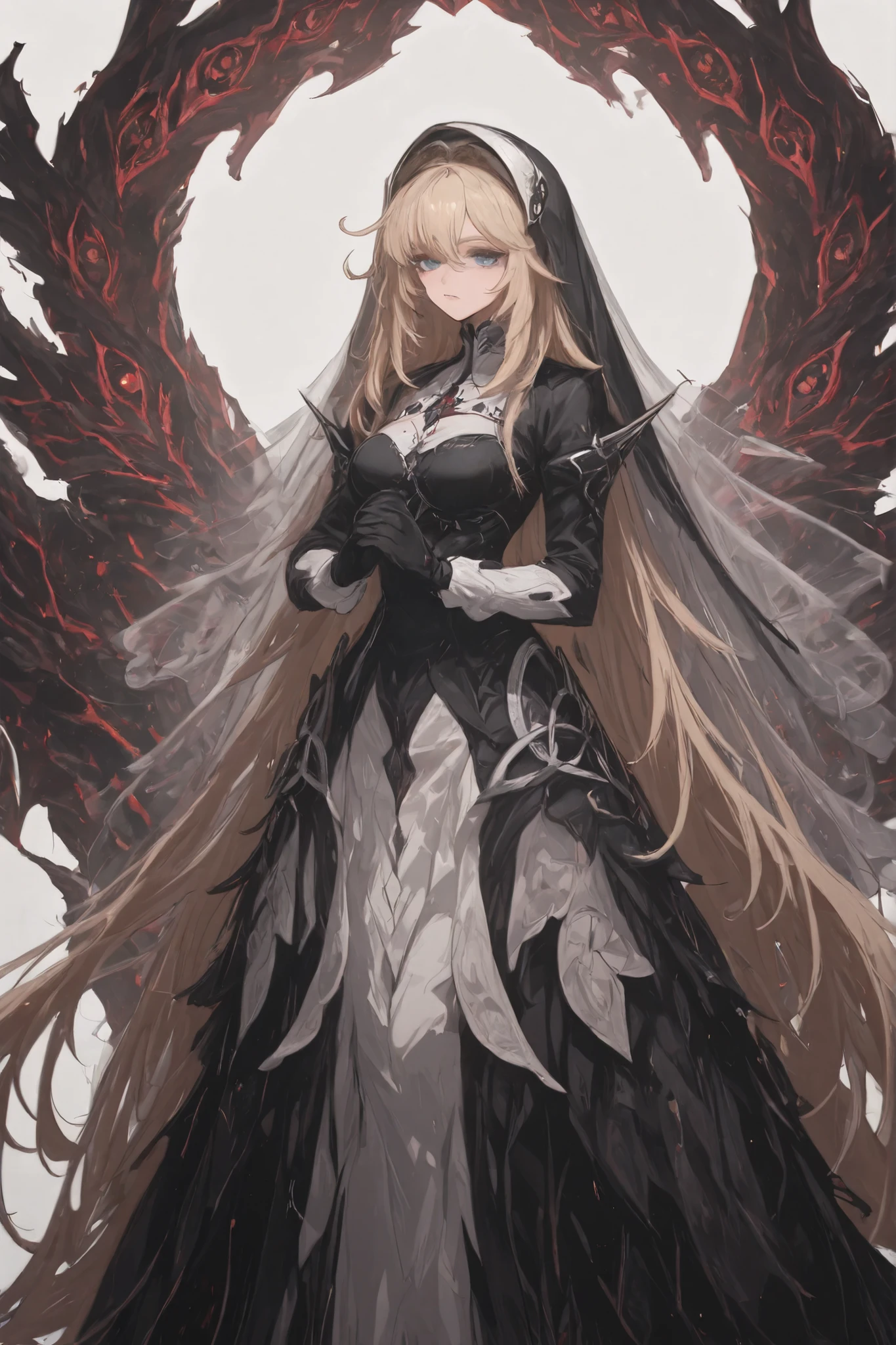 Rapunzel (Nod), blond hair, high res, 1 girl,  nun,  Blue Eyes, Habit, very long hair, looking towards the viewer, absurd dress, black gloves, standing, white background,  Reinforced exoskeleton, simple background, score_9,  score_8_up, score_7_up, masterpiece, top quality, perfect anatomy, very aesthetic, 8k