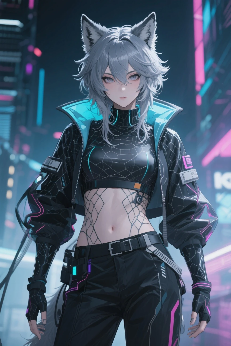 a handsome girl, solo,
gray hair, pony tail, gray eyes, bright eyes, cyber punk jacket, tank top, goggles on head, [navel], off shoulder, , black shorts, black tights, garter rings, expressionless, blurry background, perfect lighting, 
perfect angle, masterpiece, best quality, extremely detailed face,