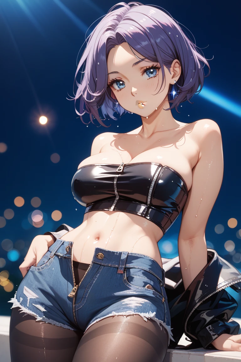 portrait, 1 girl, beautiful face, asymmetrical hair, multi-colored hair, belt, partial unzipped black halter swimsuit and showing clevage, navel, grey eyes, hip vent, cute, look at viewer, night city beach, neon, 