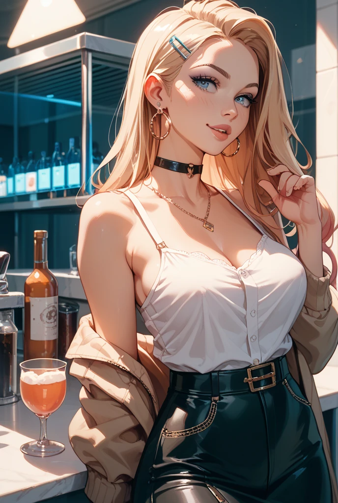 girl at a nightclub sitting at bar, eyeliner (masterpiece) (best quality) (detailed) (8k) (HDR) (wallpaper) (shiny skin) (sharp focus) (intricate) wavy blonde hair, biting lip, medium hair, slutty outfit, sexy, blush, aroused, cleavage, shiny , wet skin, girl, dark makeup, acting flirty, tucking hair behind ear