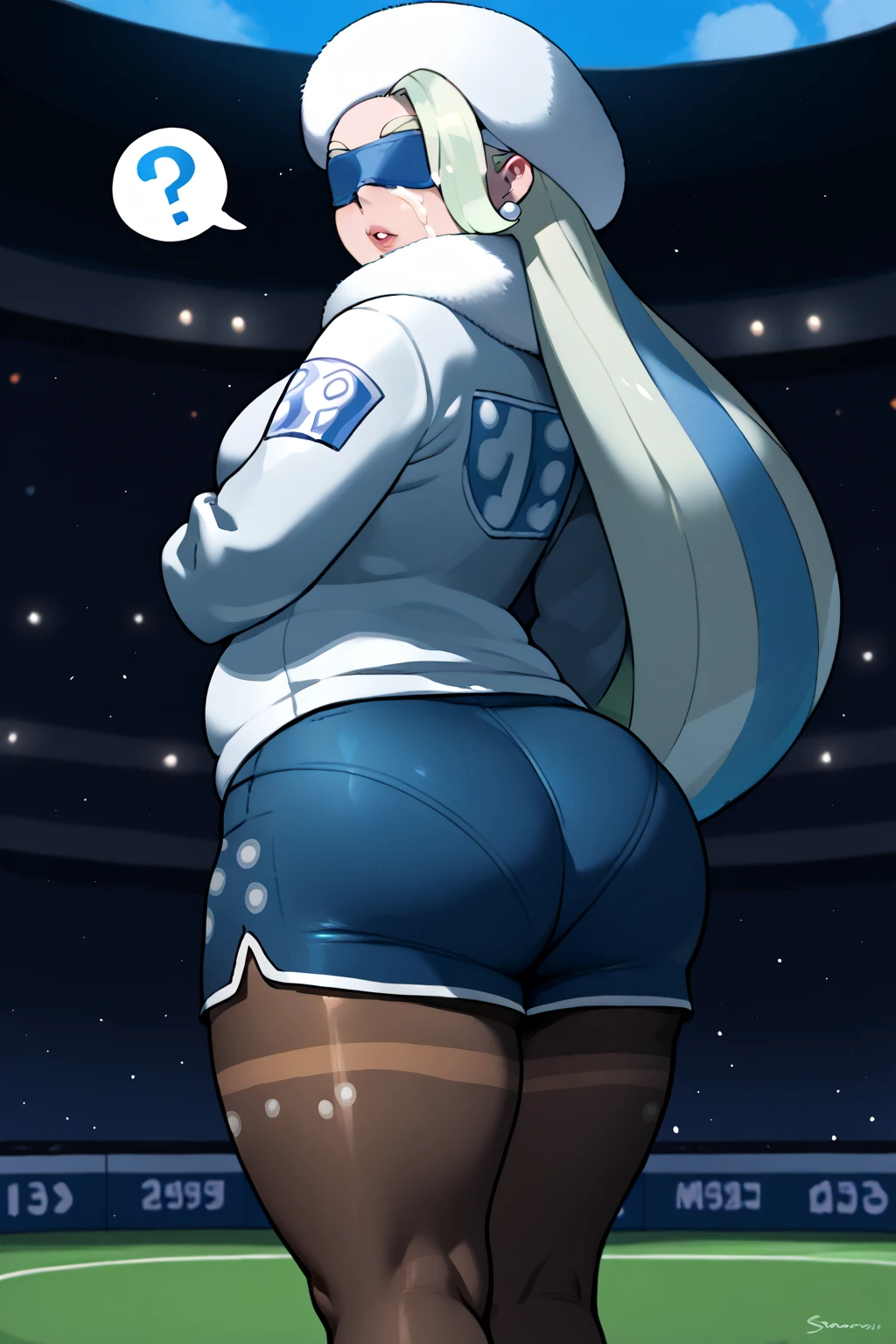 1girl, dark skin, dark-skinned female, yellow eyes, white hair, long hair, mature female, thick thighs, breasts, wide hips, sportswear, shirt, numbered, nunbers, number, stadium, shorts, short pants, white shorts, ass, ass focus, from behind, text, tall, tall female, hourglass figure, booty shorts, short shorts, cameltoe,