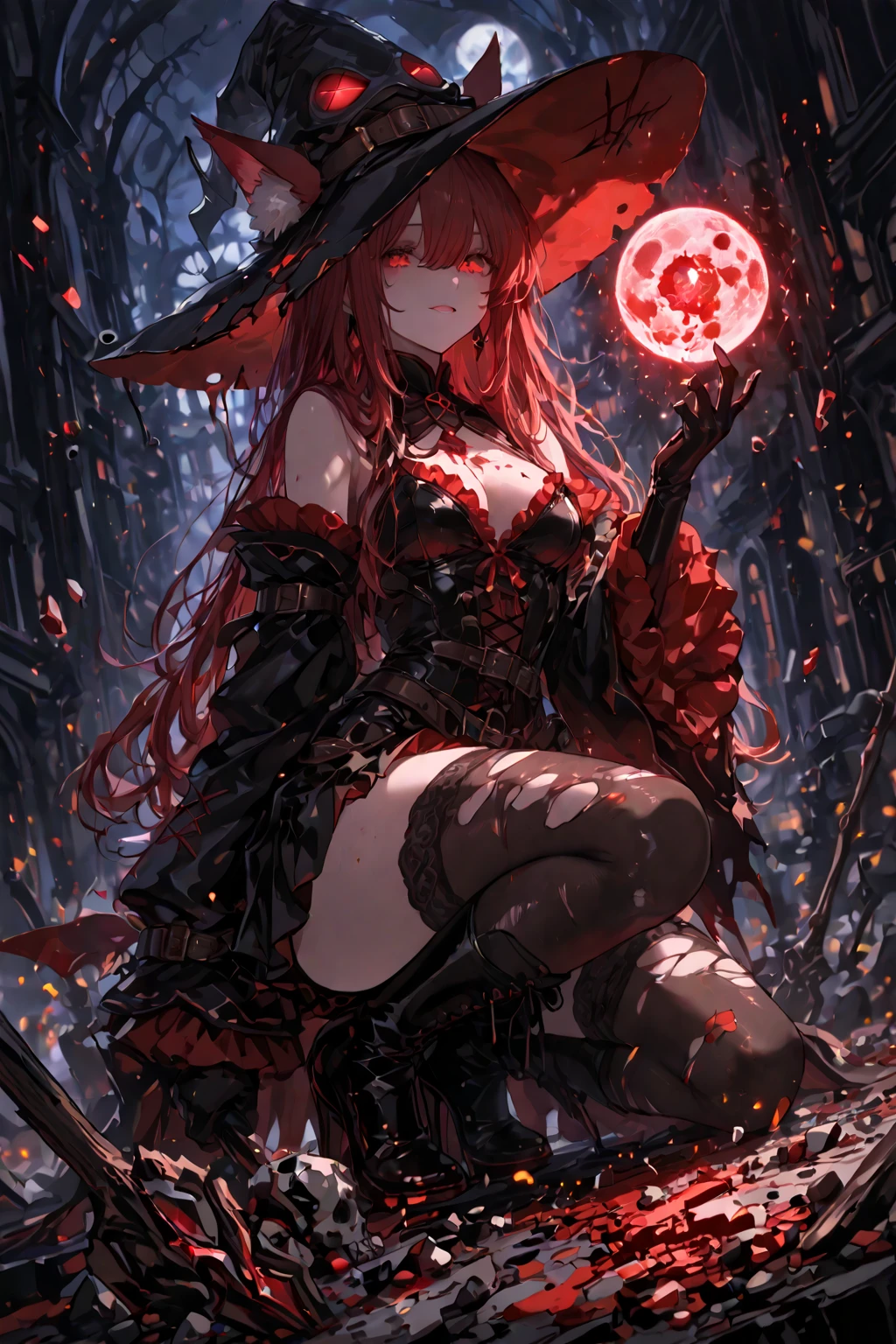 black (very cute) green and feline eyes, crimped red hair, insinuating smile, breasts big (🍈🍈) Waist slender, Broad Hips, long and elegant legs, wearing a small top hat, waistcoat (with v-neck) open denim shorts and red panties (in) braided strap sandals, holding a cane (💀) in front of a hut lit by lanterns (under the moonlight) zombie servants (horror anime) (foggy around) (voodoo aesthetic) front view, qualidade hd, (round breasts), (bubble butt), (wide hips:1.1), (slim waist:1.1), (thick thighs:1.1), (detailed face and eyes:1.2), (detailed hand and finger:1.2), (medium breasts:1.2), (busty), (deep cleavage:1.2), (labia outline:1.3), (hard teat:1.3).