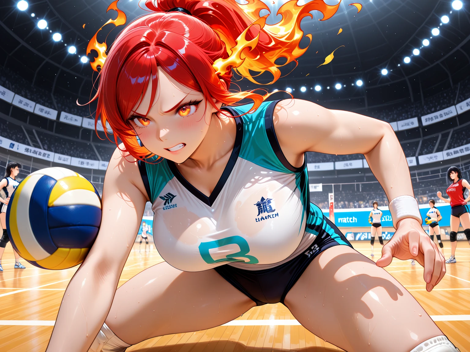 masterpiece:1.2, best quality), realistic, (real picture, intricate details, depth of field), (1girl, solo), make up, parted lips, highly-detailed, perfect face, (huge breasts:1.4), (skindentation), thick thighs, wide hips, small waist, tall, glossy coral lips, red hairs, red eyes, ponytail, (A girl playing volleyball, white volleyball uniform), (sweating:1.2), (wet), sexy, blushing,
