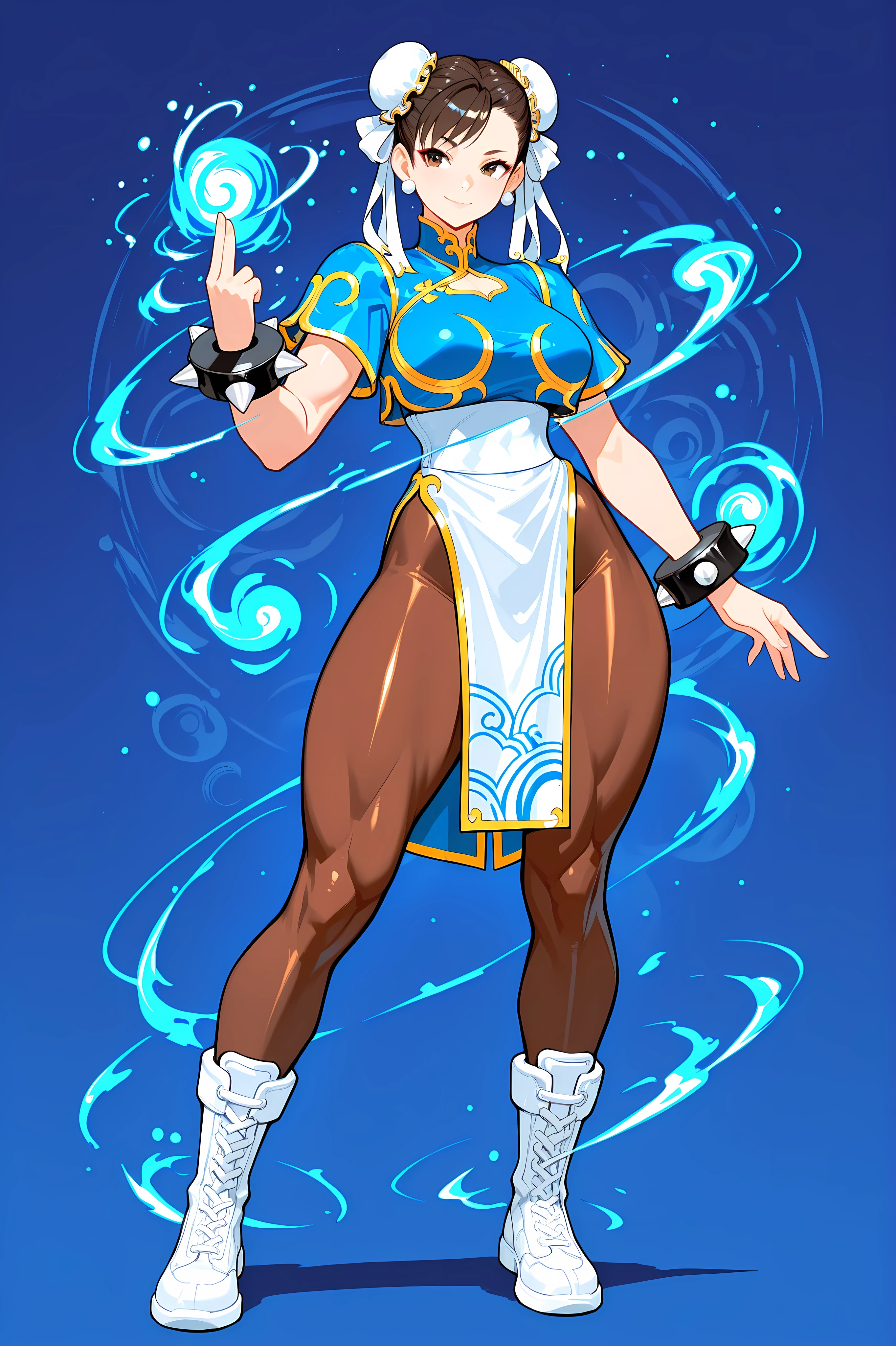 masterpiece, best quality, high resolution, graphic art, 1 girl, solo, (Chun-Li from Street Fighter), ox horn hair style, white ribbons, standing, confident smile, (classic qipao outfit:1.2), blue qipao with gold trim, side slits, white combat boots, spiked bracelets, brown pantyhose, muscular thighs, athletic figure, (abstract martial arts background:1.3), yin-yang symbols, swirling energy patterns, gradient from deep blue to gold, BLUE background.