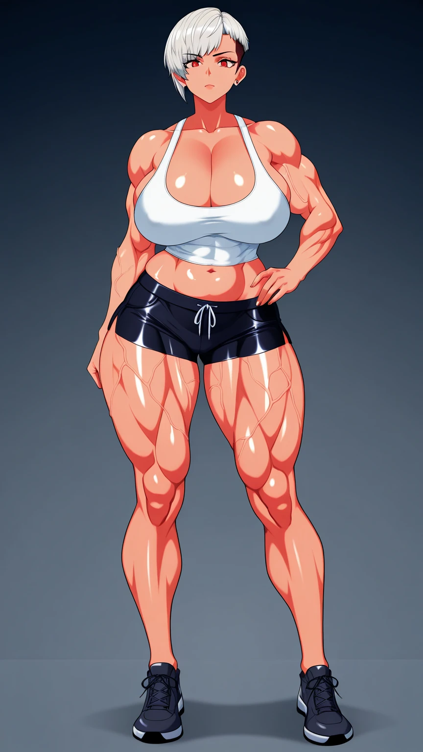 (masterpiece, HI quality: 1.1) 1girl full body standing good face, nice ass, hairstyle: braid, Color Hair: long hair, Blindfolded: NO EYES, Skin: White (porcelain skin, sparkly skin), muscular, thighs, Mature woman, Abs, looks at the viewer smiling, extremely huge breasts, maternal, chest cover with clothes, huge white necklace