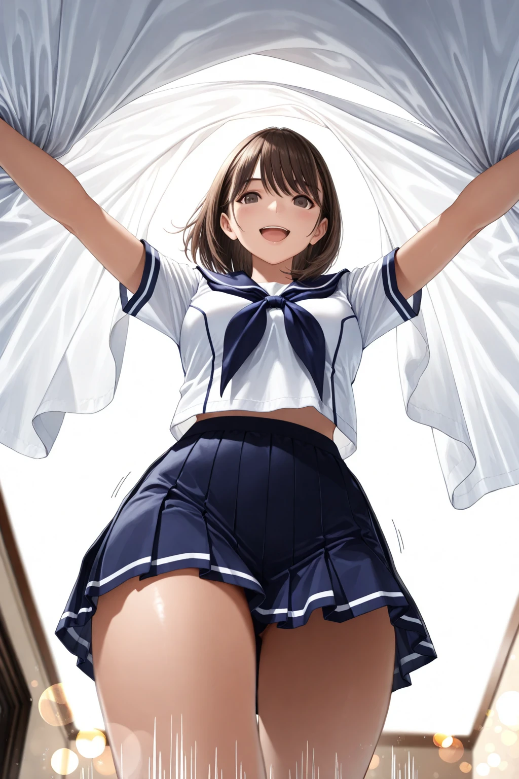 android, beautiful robot makes hard masturbation, she gets orgasms. Her short pigtails, brown hair, Hair tie with two big red clothespins, big smile, brown hair, middle age, joint seam, blue eyes, full body figure, Height: 160cm, She wears only Light beige micro mini pantie, fluttering skirt, skirt folds, white retro swimwear, Uplifting, 2020s anime style, 21thcentury japan animation, show White pantie, strong wind is blowing.