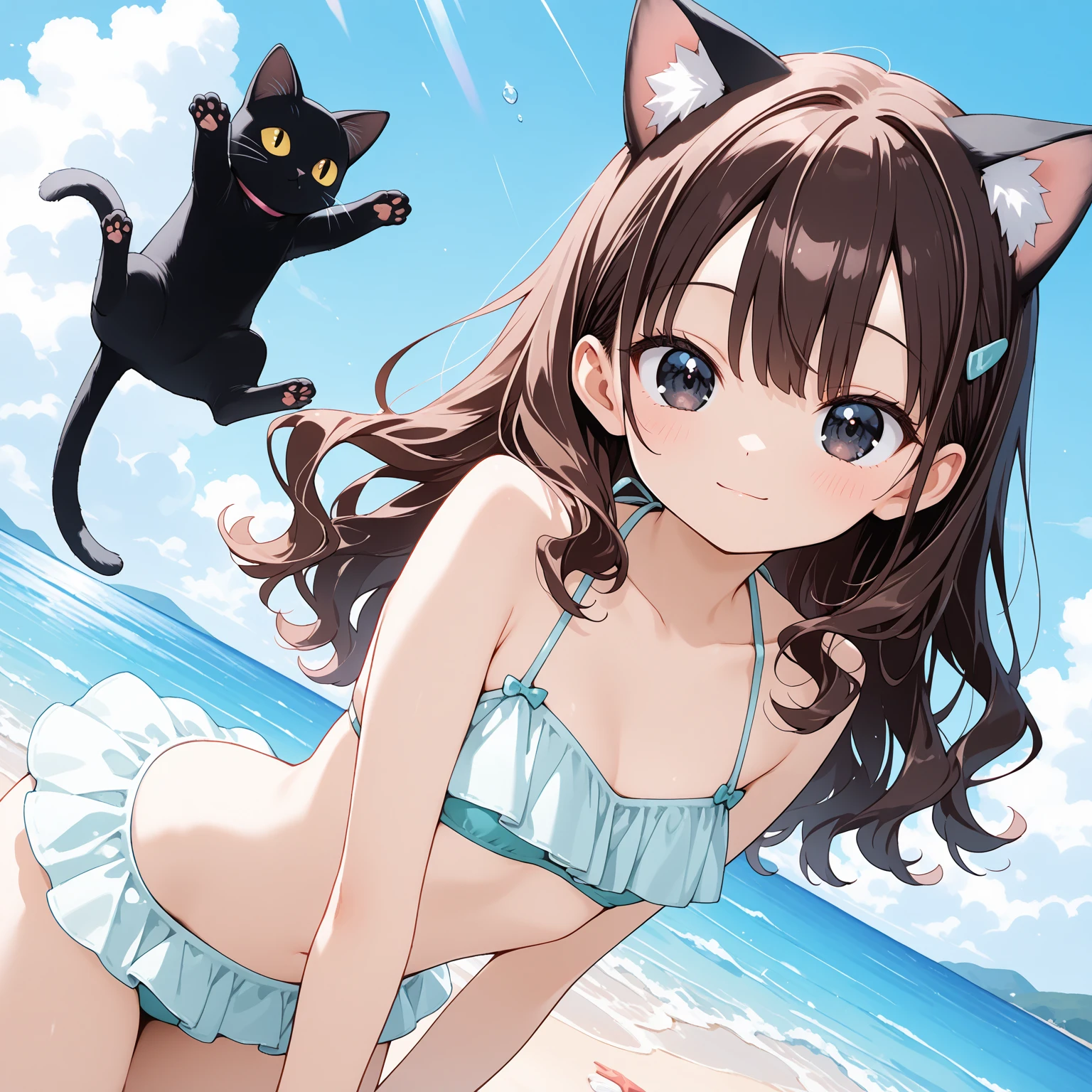 (cute woman, age 20, is an adorable sexy cat woman, big eyes, cute swimsuit, fluffy tail), she is surfing on small waves, super cute, so excited, show her from head to toe, hawaii
