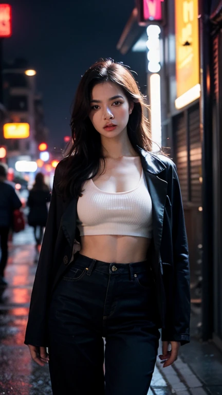 Beautiful woman wearing belly-exposing clothes kills zombies,her bare midriff exposed as she gazes down at the gory aftermath. Her ripped shirt hangs open, revealing a tantalizing glimpse of toned skin, while the severed zombie heads and scattered limbs around her feet attest to her brutal hand-to-hand combat skills. The desolate, blood-soaked alleyway provides a haunting backdrop for this petite powerhouse,cinematic lighting, masterpiece, accurate, anatomically correct, textured skin, best quality, award winning, 4K, super detail,cowboy_shot,light_smile