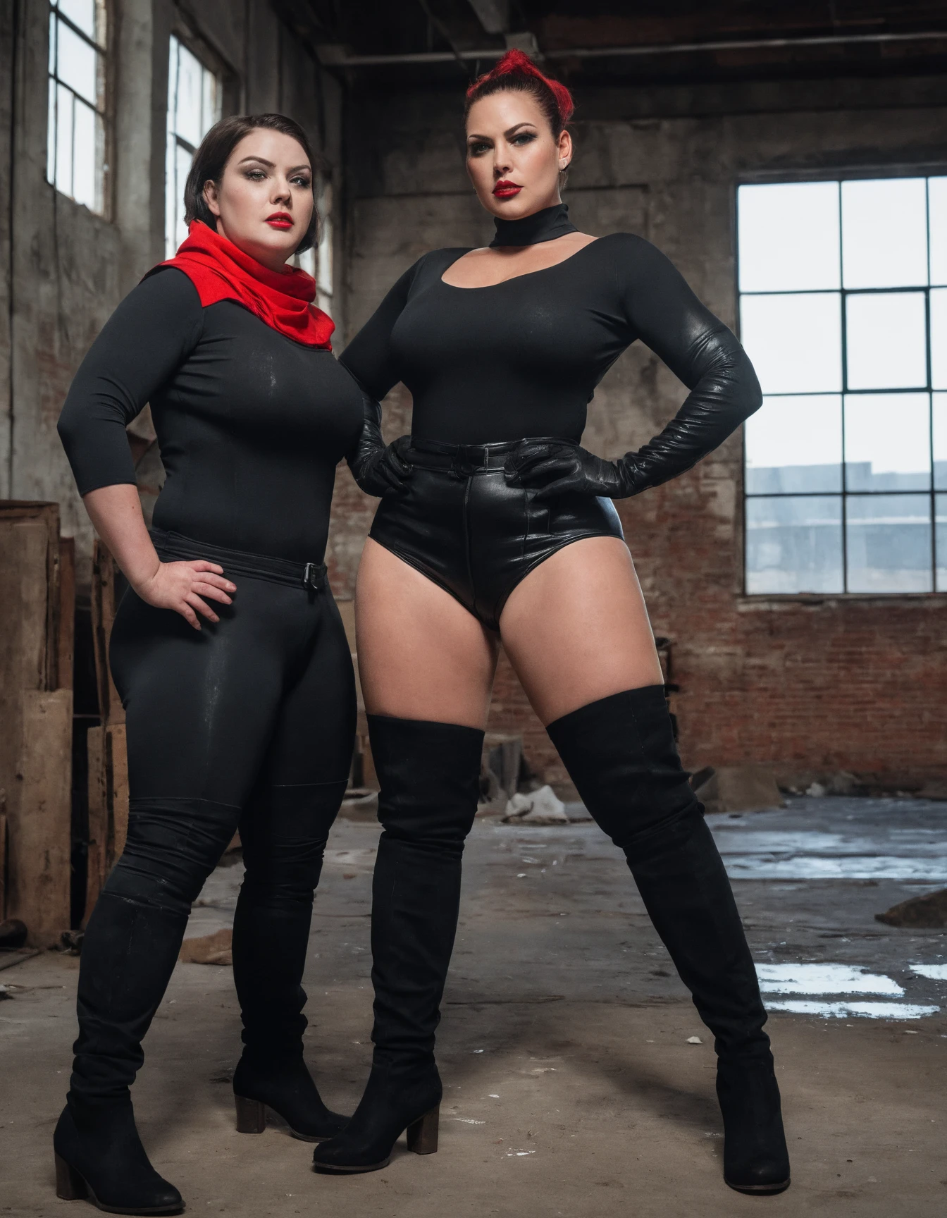 Big woman with a toned figure((1 mature female,tmasterpiece,best qualityer,Hyper-detailing,illustratio,Fine and detailed eyes and detailed face) garments:Tall and tall,The blonde,She is dressed in all-black leather,Lipstick and boots with a touch of blue,Expose shoes,General of special forces, allure:(Tall:1.4),Women in European and American style,European Caucasian,Mature temperament,standing on your feet,brunette color hair,Blood red hair color eye shadow and ruby red eyes,(Purple eye:1.05),Apply blood-red lipstick to the lips,Wide buttock,Cleavage is seductive,maternal,looking at viewert,curvy build,Raised sexy,(a matural female,A MILF:1.1),独奏,(curves:1.1),(big assa:1.4),(Thick thighs:1.4),A MILF,Majesty,No man's palace inside background,are standing