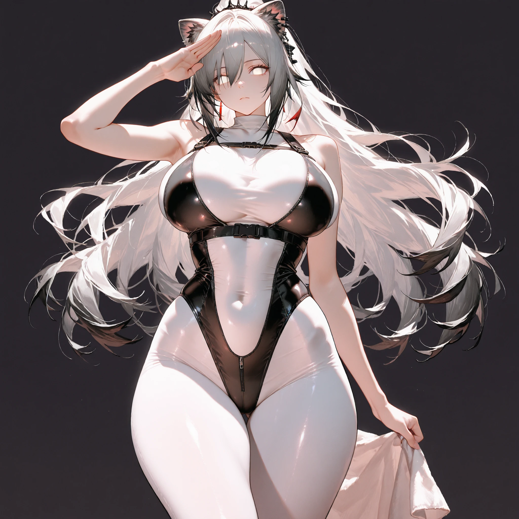 a girl with cow ears, tail and horns, in a white bikini with black spots, leather clothes, white hair, white eyes, smile, white skin, on a farm
