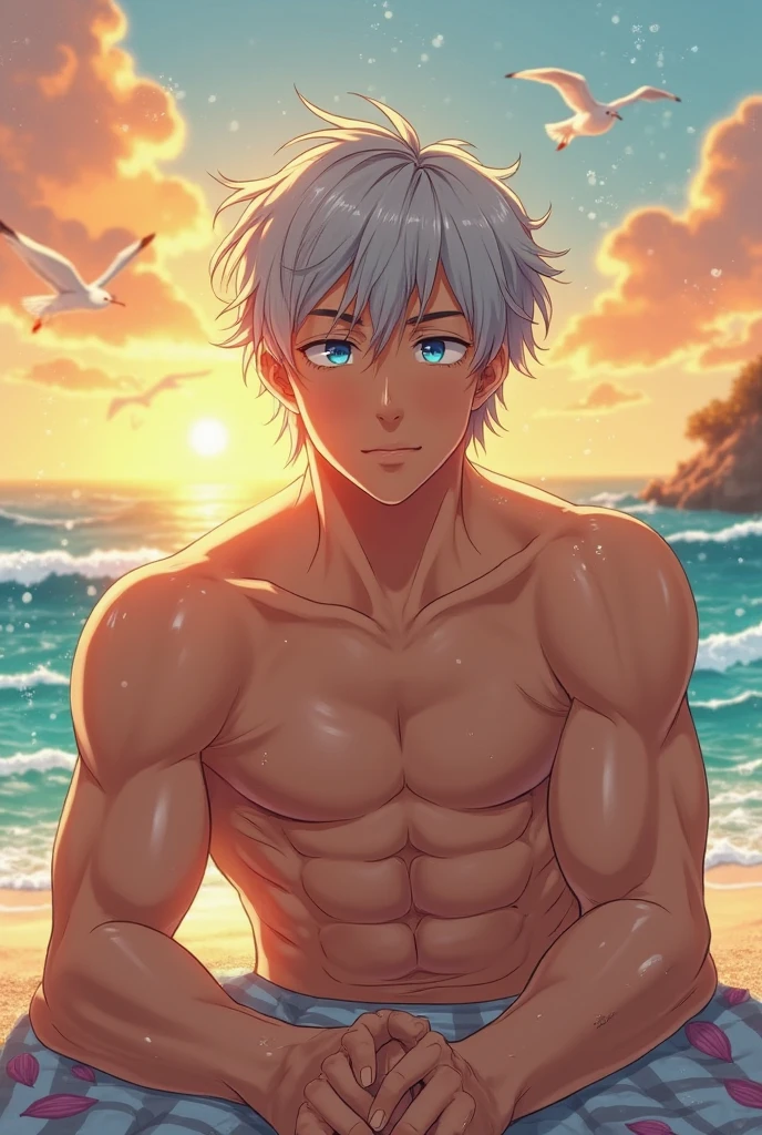absurdres, highres, ultra detailed, HDR, master piece, best quality, extremely detailed, Gojou Satoru, white hair, expressive blue eyes, white eyelashes, Jujutsu Kaisen, solo, sexy man, handsome, sensual, manly man, bare chest, horny, fantasy, island, sea, beach