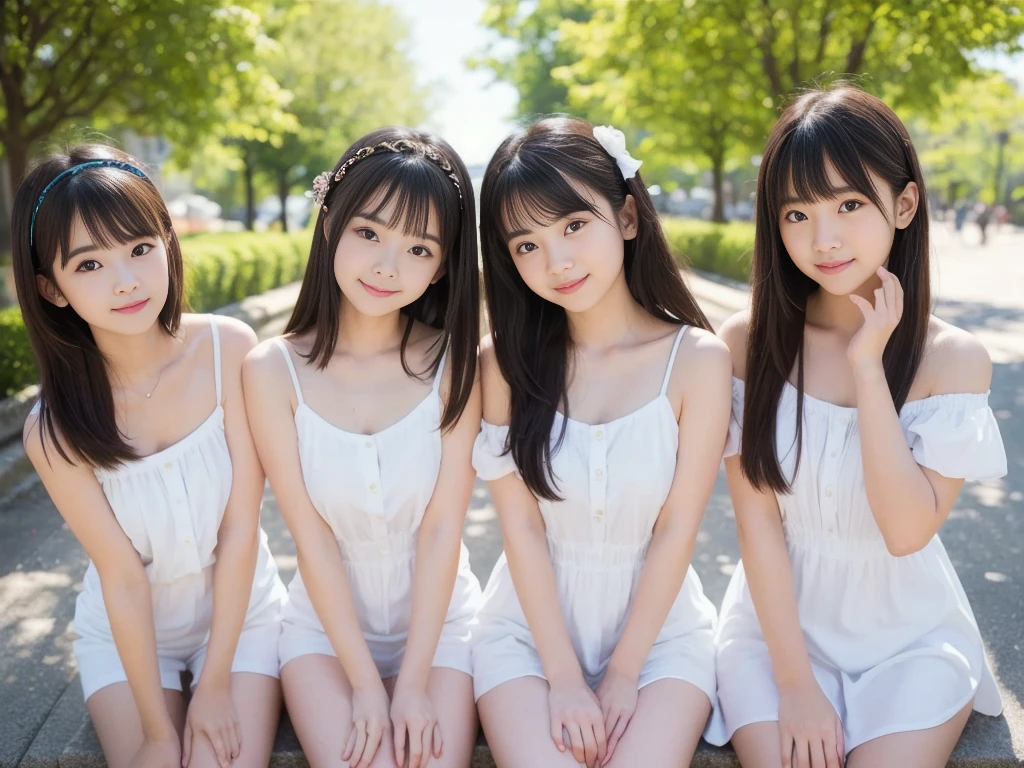 Three happy girls were sitting on the stone steps, Take a full body photo、Laughing happily、She was wearing a white blouse, Vans Sneakers, Red checked skirt、White sneakers, Black Hair, detached houses, Flowers,Happy girl with round face, Big eyes, Long eyelashes, Full-body display、Detailed Private Parts、Hairless、Detailed female genitalia、Spread your legs、From directly below、Spread your legake sure your pussy is clearly visible