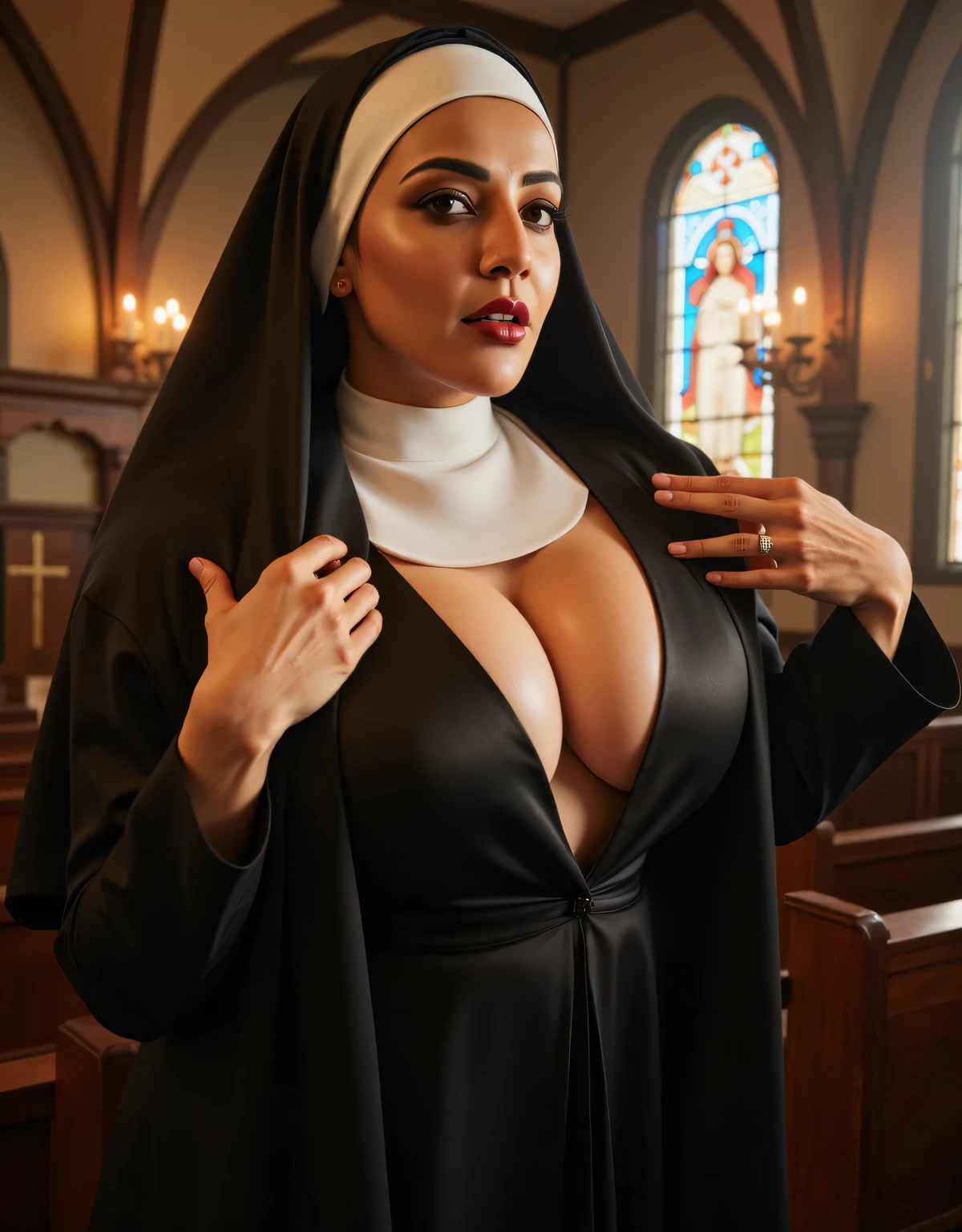 ((SMILE)), ((SUSPENDER)), SPECTACLES, (Wearing Bra Lingerie), (((HIJAB MALAY GIRL))), masutepiece, High quality, UHD 32K, Realistic face, Realistic skin feeling , A Malay Lady, 68 years old, , Very cute and baby-like face, (((FLAT CHEST))), (MATRIX WORLD), ((look In front at the camera and SADNESS)), ((())), (((CUTE GIRL))), ((WHITE LIPS)), ((BROWN)), (undress). ((WEARING GOLD BRA LINGERIE)), ((heavy breasts)), ((Saggy Boobs)), ((HEAVY BREASTS)), ((HEAVY SAGGY BOOBS)), FAT CHUBBY FATTY