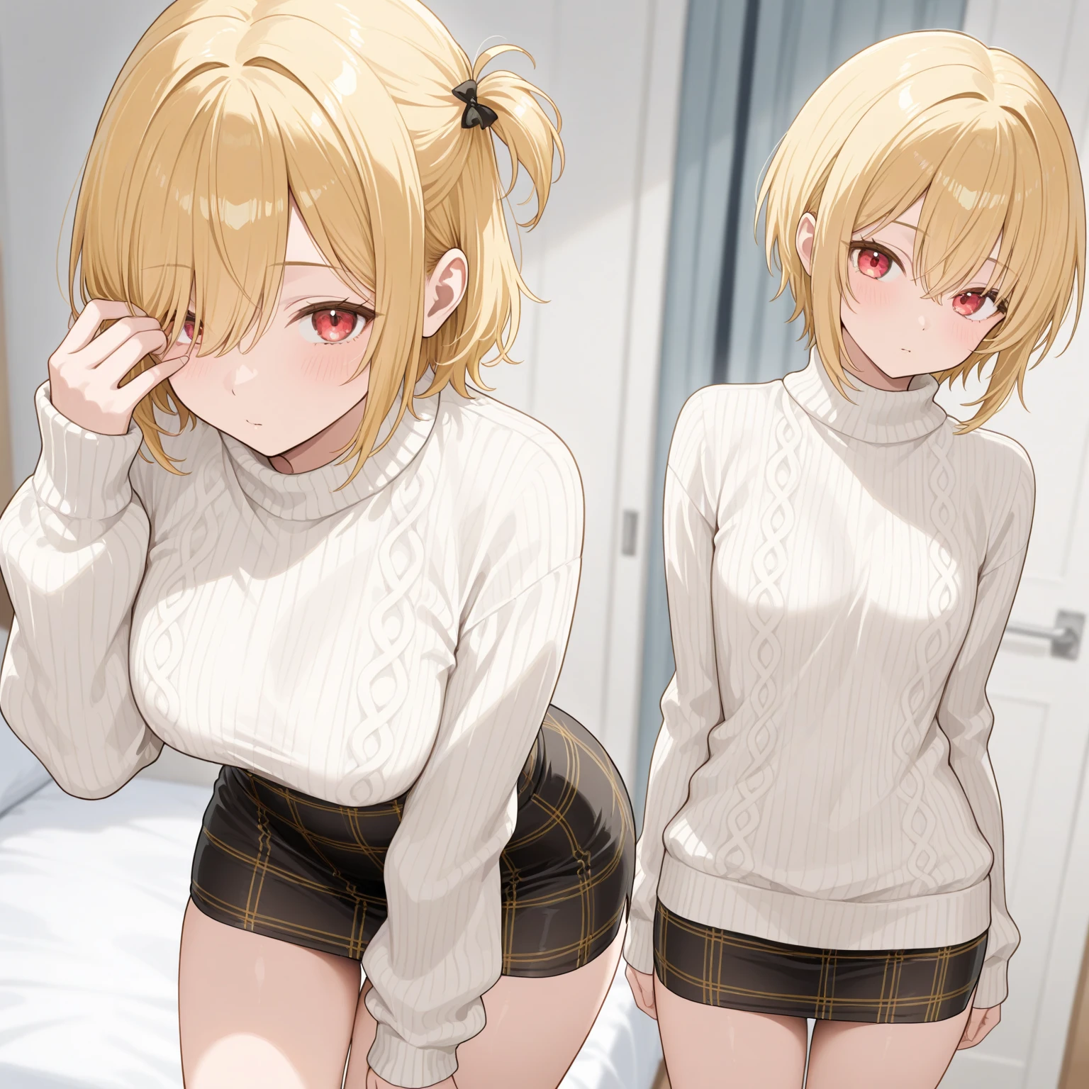 (masterpiece、top-quality、absurderes:1.3)、illustratio、Medium bob、(pov hand)、grabbing on breasts、Cute little girl s、Write、The upper part of the body、shorth hair、Loose red shirt、a bed、Perfect human body