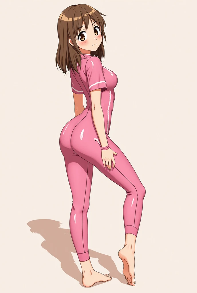 Girl is standing in a doggystyle position, view from the back.
