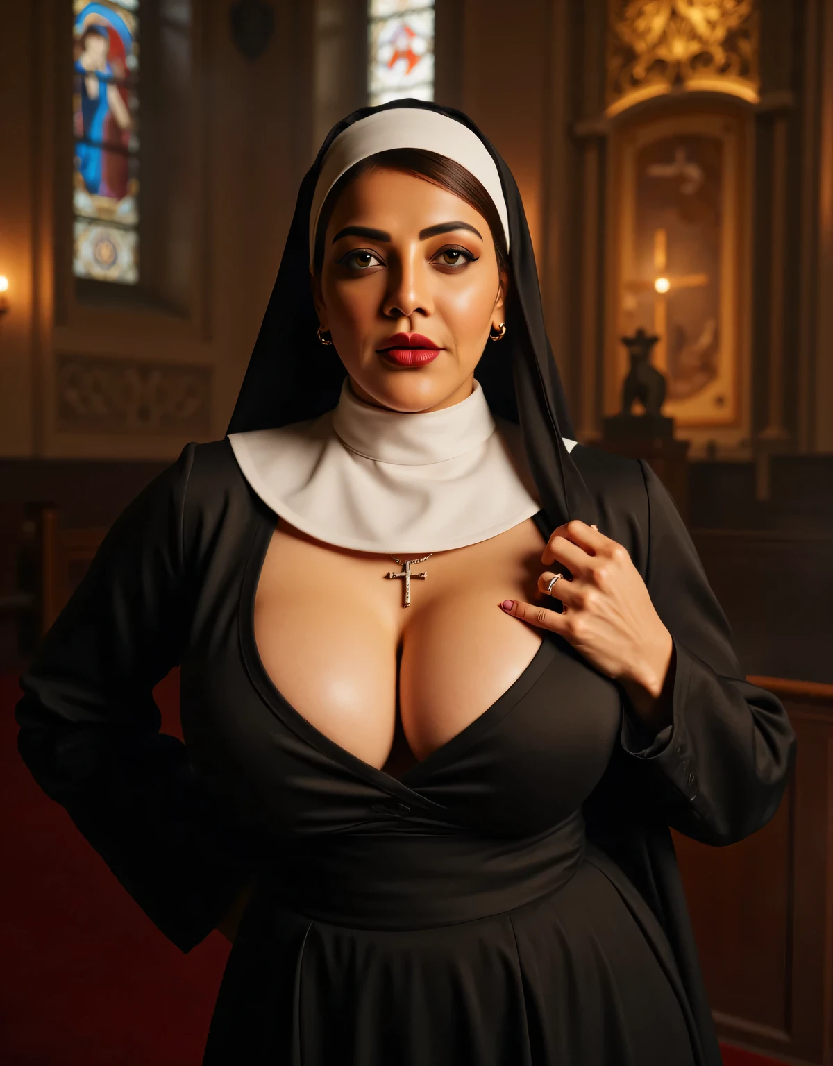 The best picture,The most realistic,4K clarity,bright picture,((((3 women)))), Old woman, age 70,Big breasts, big muscles, nun outfit leather, straight hair, glasses, red lips, bedroom