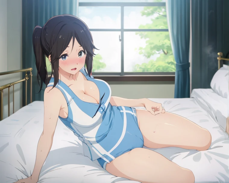 Masterpiece,Draw in beautiful detail,1Girl,Mizushima Morning,Blue Eyes,Black Hair,Embarrassed expression,blush,sit,Spread your legs,First-person view,School Swimsuit,bedroom