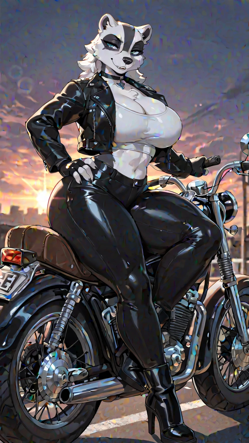 ((1girl, solo ,alone, long hair, black clothes, pink lipstick, Nico Robin, woman, (one piece) , dynamic pose,fitness, gold bracelets, ruby earrings)), ((solo, 1woman, pink lipstick, Extremely detailed, ambient soft lighting, 4k, perfect eyes, a perfect face, perfect lighting, a 1girl)), austere, ((blue bikini, leaning on the motorbike, motorcycle, avenue, city, skyscraper, leather boots, leather jacket, black jacket, clouds))