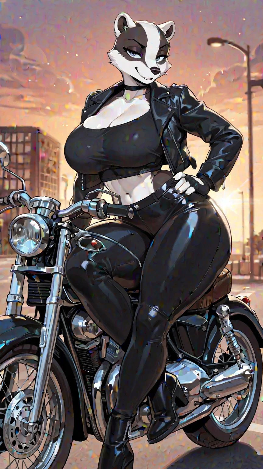 (masterpiece, top quality, best quality, official art, beautiful and aesthetic:1.2), (1girl:1.3), (gorgeous face), light freckles, fair skin, brown hair, extremely detailed, portrait, looking at viewer, solo, (full body:0.6), detailed background, close up, (airy modern theme:1.1), extremely busty but very slender motorcycle girl, ponytail, big lips, arched back, charlatan, smirk, mysterious, riding a street bike, riding a motorcycle, motorcycle, tank top, leather pants, ((motorcycle helmet)), bullet bike, motorcycle, cyberpunk city street, well-lit, thin and toned physique, ((((gigantic breasts, cleavage, skindentation)))), slim waist, slim hips, long legs, modern (city exterior:1.1) background, dark mysterious lighting, shadows, magical atmosphere, dutch angle,