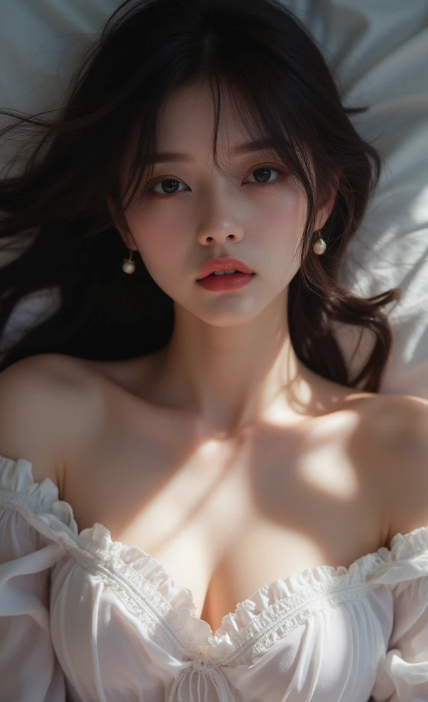 ((best quality)), ((masterpiece)), (detailed), perfect face. Japanese young women with big white wings angel in bed . With romantic Sweet smile Wear long dress cloth. Sex. Want to kiss me.With horny eyes see me