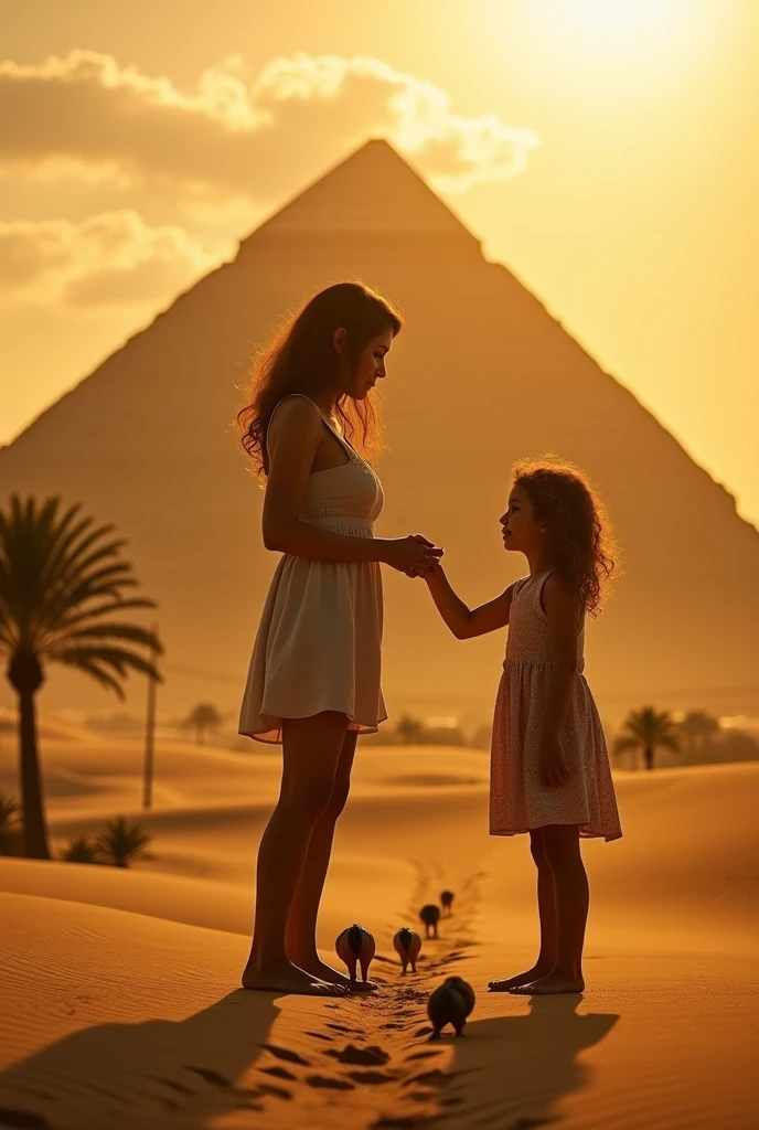 Create a belly dancer holding hands with a child, both wearing belly dancing costumes, walking towards the pyramids of Egypt 
