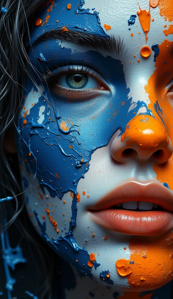 a close up of a face with a cracked paint on it, orange fire/blue ice duality!, weathered face, blue and orange tones, face melting into the universe, cracked porcelain face, orange and blue tones, face melting, orange and blue colors, blue and orange, closeup of face melting, strong blue and orange colors, subject made of cracked clay
