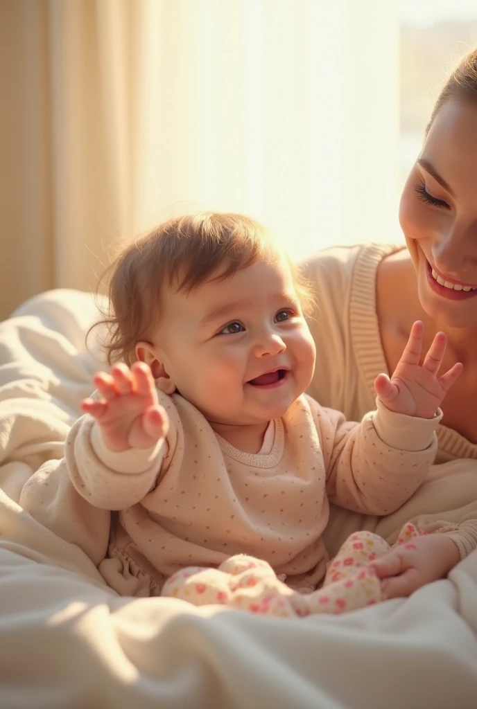 Adorable boy son with nothing on his body cuddle on beautiful mom chest
