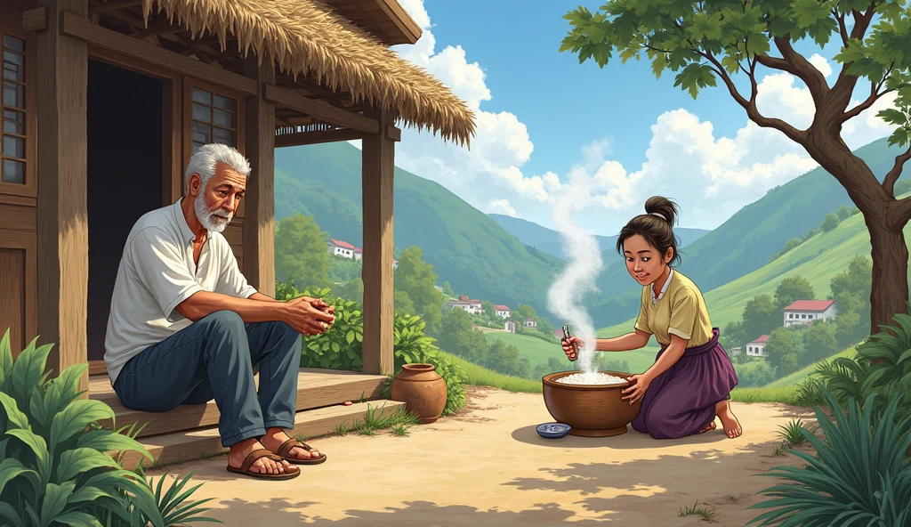 A father is sitting on a coconut scrapper and mother is cooking, two boys are watching