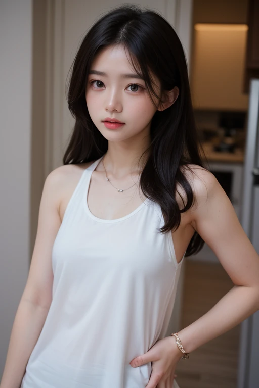 20 year old girl, blue top, short skirt, long hair, high contrast (Natural skin texture, Hyperrealism, Soft Light, sharp), portrait, standing, korean