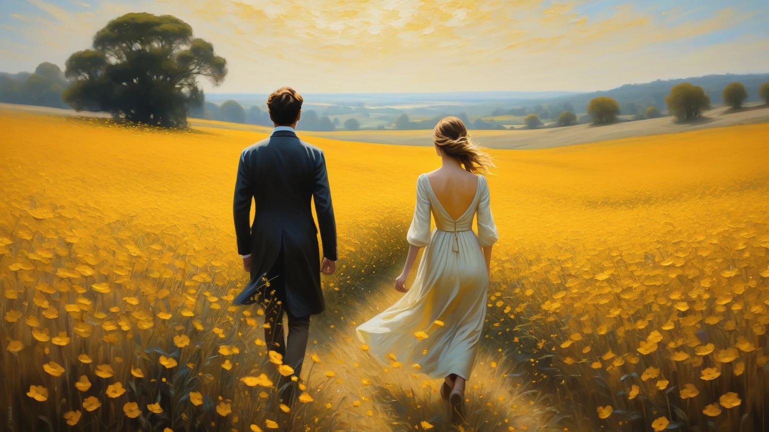 pintura Impressionista de um casal apaixonado andando em um fim de tarde, com um por do sol lindo,
