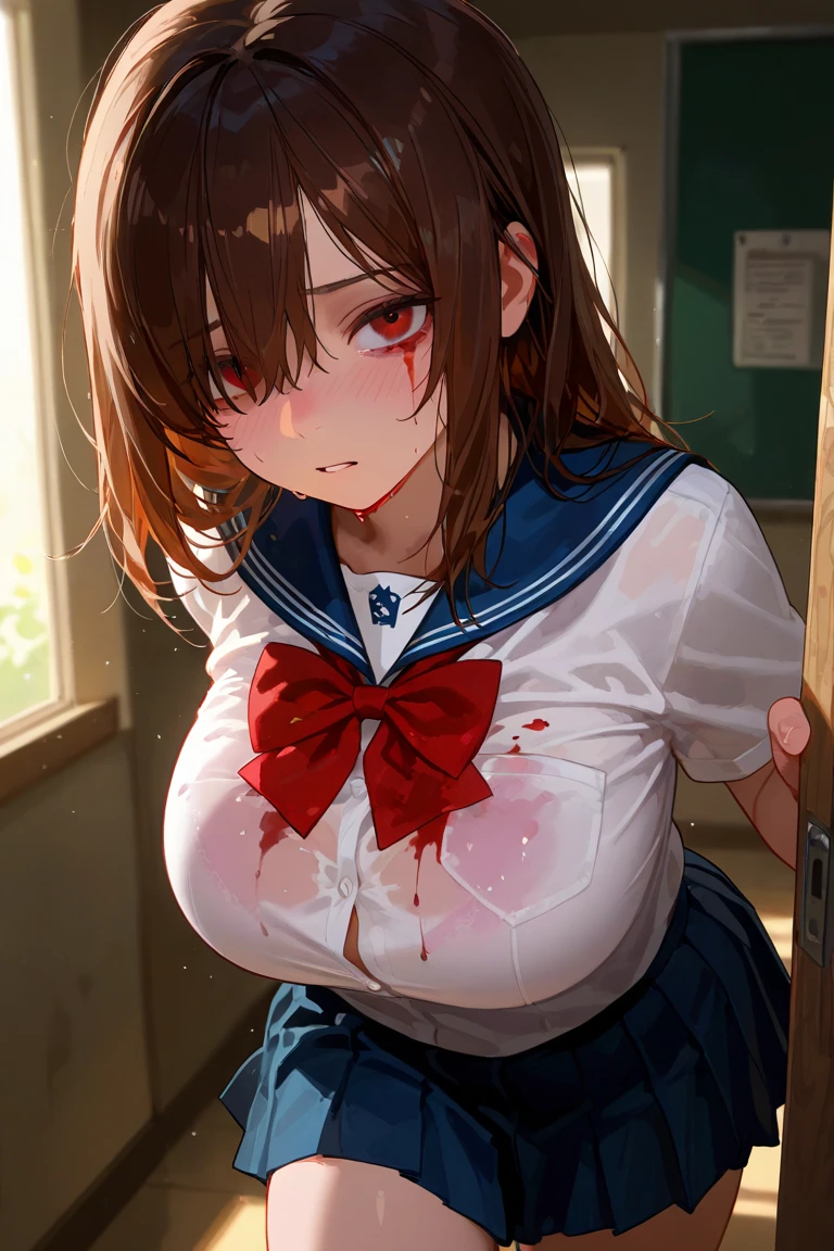 ((masterpiece, best quality:1.4)), illustration, 8k, hd, cowboy shot, anime style, detail face, detail eyes, empty eyes, student girl, school, white student outfit, (massive boobs),brown hair, red eyes, yandere eyes, fully clothes, blue school skirt, mature, evil smiling, ((night)), yandere, glowing eyes, (blood covered), holding knife
