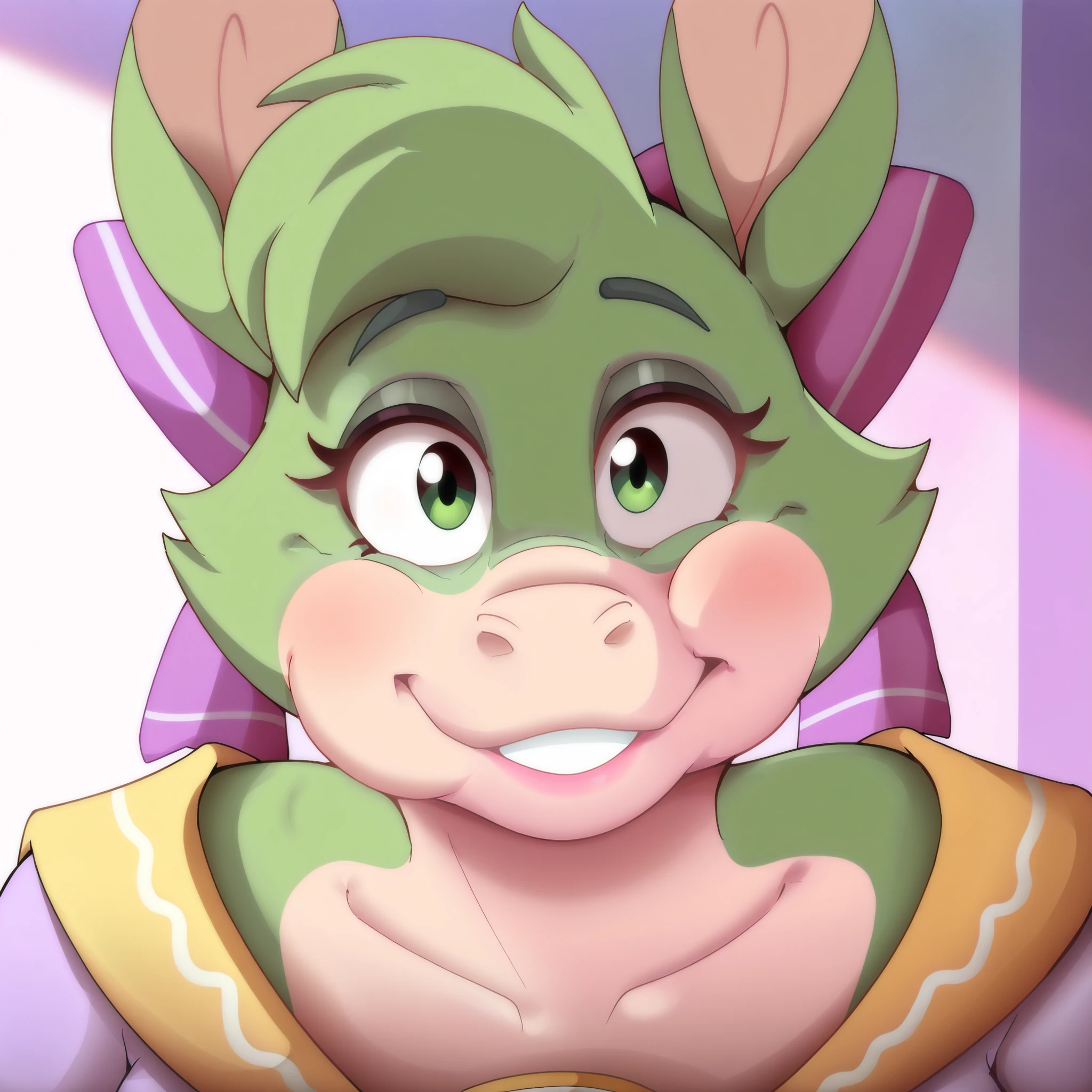 Masterpiece, best quality, high resolution, (headshot), (close-up), (portrait), 1girl, (best quality), (ultra-detailed), (masterpiece, best quality:1.3), 1female, adult, anime, mature female, smile, age 30 - 40, curvy, milf, mother, templeton the donkey, donkey, high school furry donkey girl, solo, short green hair, green eyes, purple bow headdress, hair clips, purple and yellow sailor collar, dorky hair, Green fur, large donkey ears, chubby cheeks, Bow hair, Purple Bow, looking at viewer