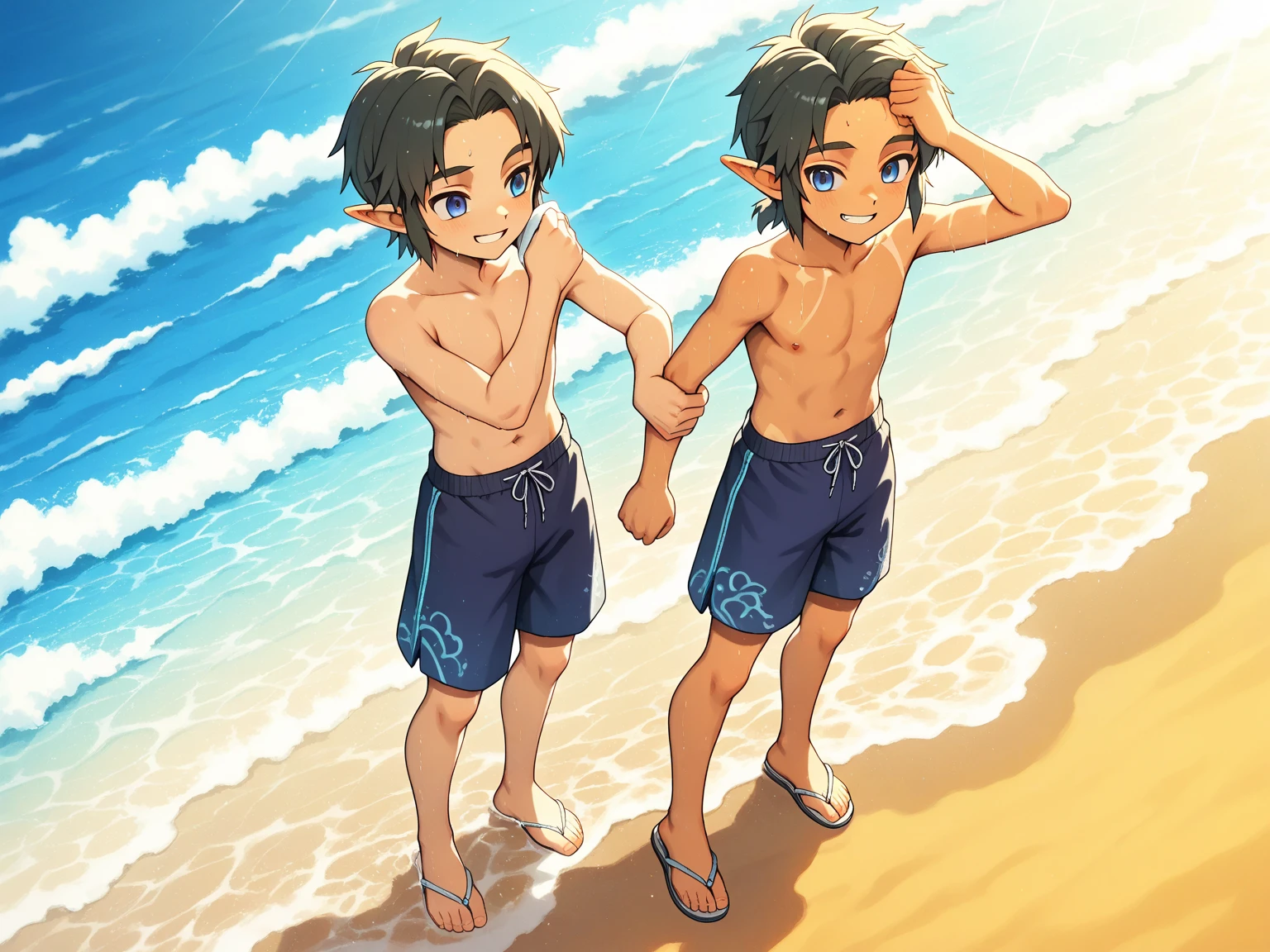 <lora:AnimeMaleB-CV0.1:1> <lora:PeeingThemselfV2_0-10:0.9> <lora:eyedirectionV1.8:0.8>, eyedirection, eyes, ((1boy wearing speedo)), (peeing self, peeing, pee stain, pee stain on speedo, have to pee), twink, full body, shaggy hair, smirk, naughty face