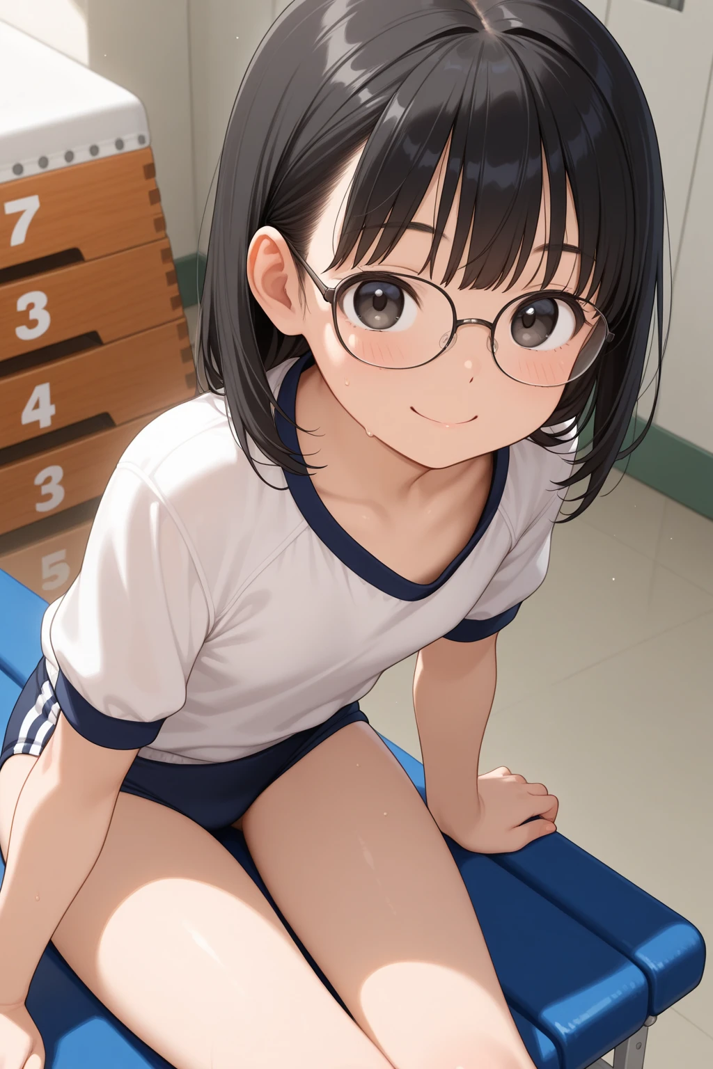 ((masterpiece)),((highest quality)),((Anatomical)),((Realistic)),((Detailed Description)),((cute)),((((sports warehouse)))),(((1 kindergartener))),((Beautiful eyes)),((Baby Face)),((Petite)),((Bewitching Smile)),(((Sportswear))),(((Glasses))),Full body view,Gymnastics Mat,