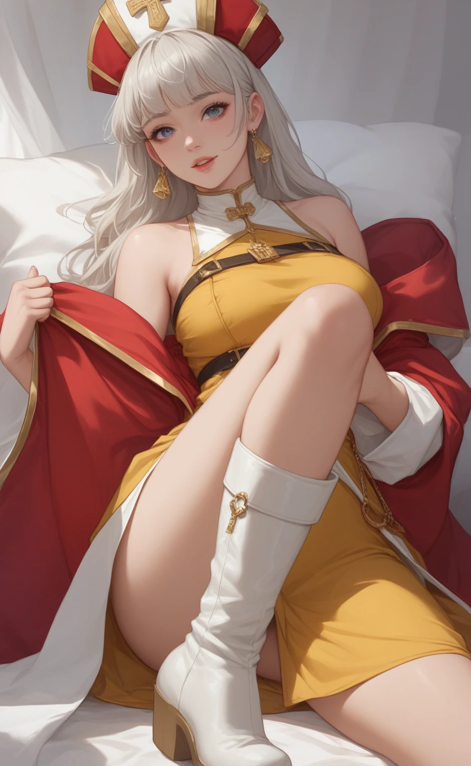 Mature woman, mature face, gentle face, glossy lips, golden eye color, golden eyes, gentle eyes, (braid hairstyle, bob hair, white hair, yellow gradient hair color, glossy hair), slender body, thick thighs, saintess clothes, white clothes, white loincloth, ass up head down, front view, bedroom