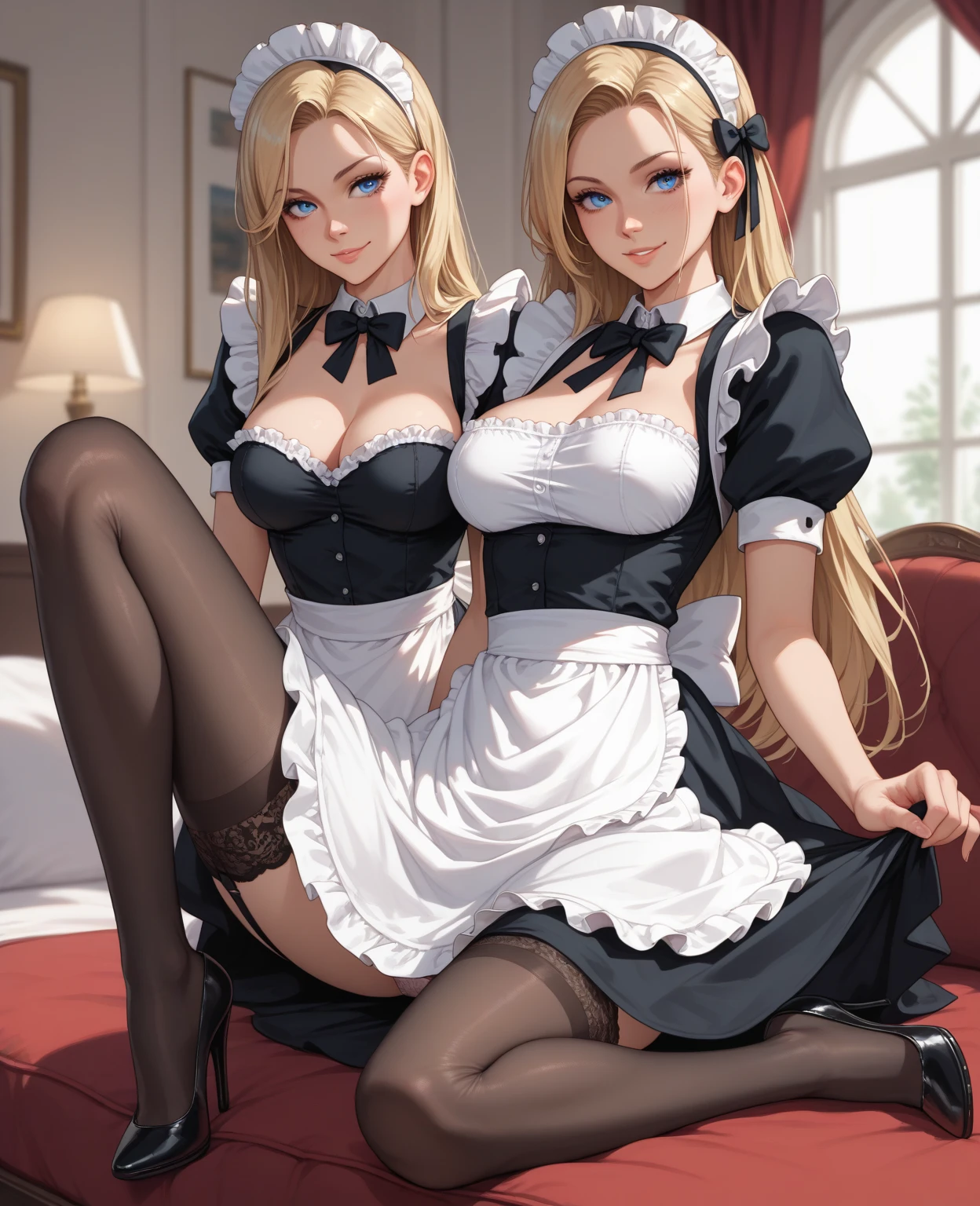 ((highest quality、High resolution))、(((2girls))), Portrait、A beautiful woman、Perfect body、beautiful ample breasts、Long blonde、Maid、No panties、Embarrassed、((Lift up your skirt and show your pussy))、Love juice、I'm tempting you