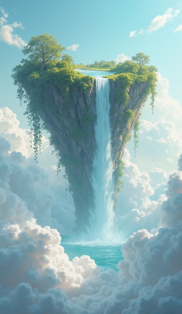 A surreal floating island with a majestic waterfall spilling into the clouds, surrounded by sky and soft sunlight, dreamy and fantasy style.