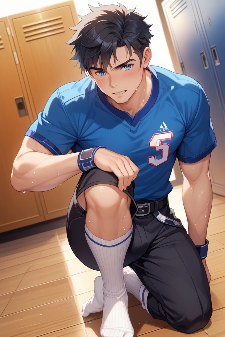 1boy,solo,twink,red hair,white tank top,clothes lift,navel,yellow pubic hair,locker room,male focus,penis,erection,precum,soccer ball,<lora:AnimeMaleStyleA:0.6>,