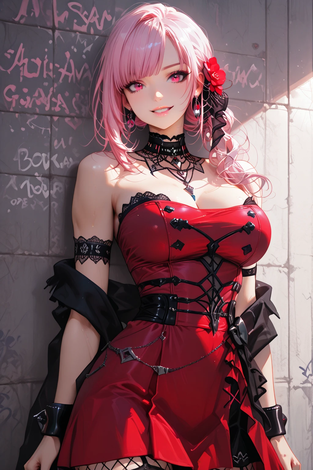 Adult woman, short pink hair, Fox ears, Fox tails, colorful eyes, tight dress, ssmile, Masterpiece, hiquality