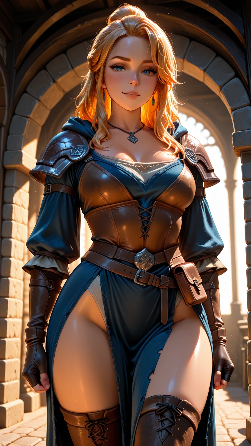 a young female viking warrior, intricate medieval clothing, plunging neckline, short stature, figure, eighteen years old, large shapely backside, striking purple eyes, sweat-glistened skin, photorealistic, hyperdetailed, dramatic lighting
