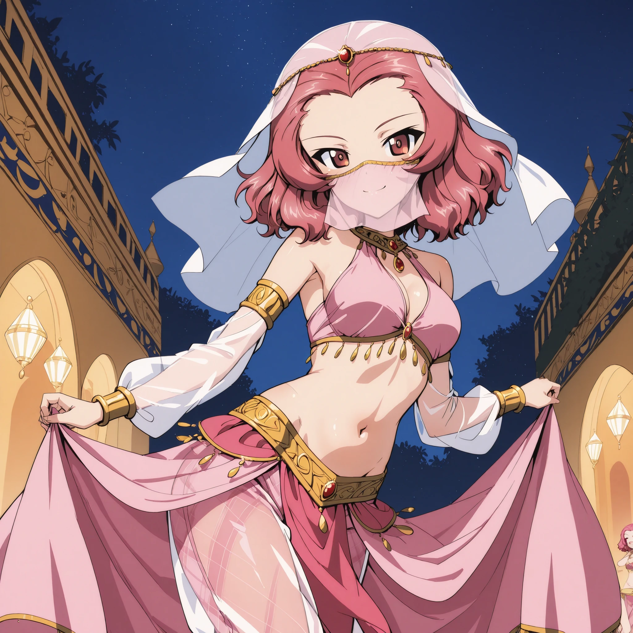 1girl:1 . 5) , (Seul:1 . 5) , score_9 , score_8_haut , score_7_haut , source_anime , Official work , ultra-detailed , masterpiece , best quality plaid shorts , high res , beaux yeux , detailed eyes , Detailed Face , beautiful detailed eyes ,Girls Und Panzer, Rosehip, Arabian Clothes , Arabian Dancer ,belly dancer costume , face veil, veil , golden jewelery,harem outfit, harem skirt, transparent pants, belly dancing, harem veil , night, arabian garden , seductive smile, dancing with veil, dynamic movement, seductive pose