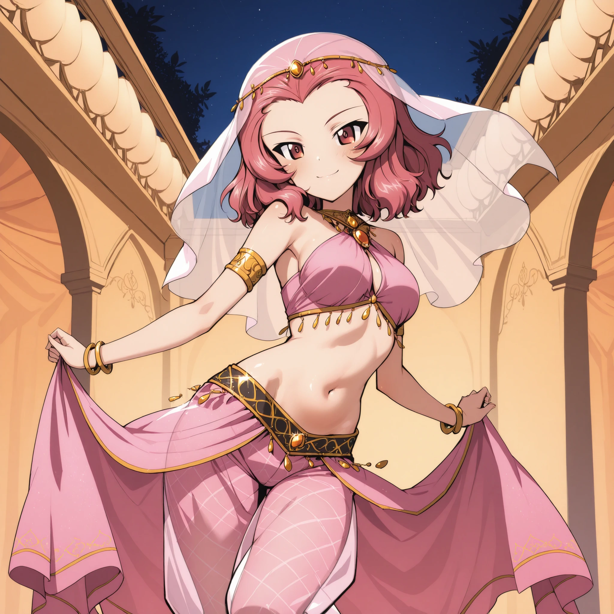 1girl:1 . 5) , (Seul:1 . 5) , score_9 , score_8_haut , score_7_haut , source_anime , Official work , ultra-detailed , masterpiece , best quality plaid shorts , high res , beaux yeux , detailed eyes , Detailed Face , beautiful detailed eyes ,Girls Und Panzer, Rosehip, Arabian Clothes , Arabian Dancer ,belly dancer costume , face veil, veil , golden jewelery,harem outfit, harem skirt, transparent pants, belly dancing, harem veil , night, arabian garden , seductive smile, dancing with veil, dynamic movement, seductive pose