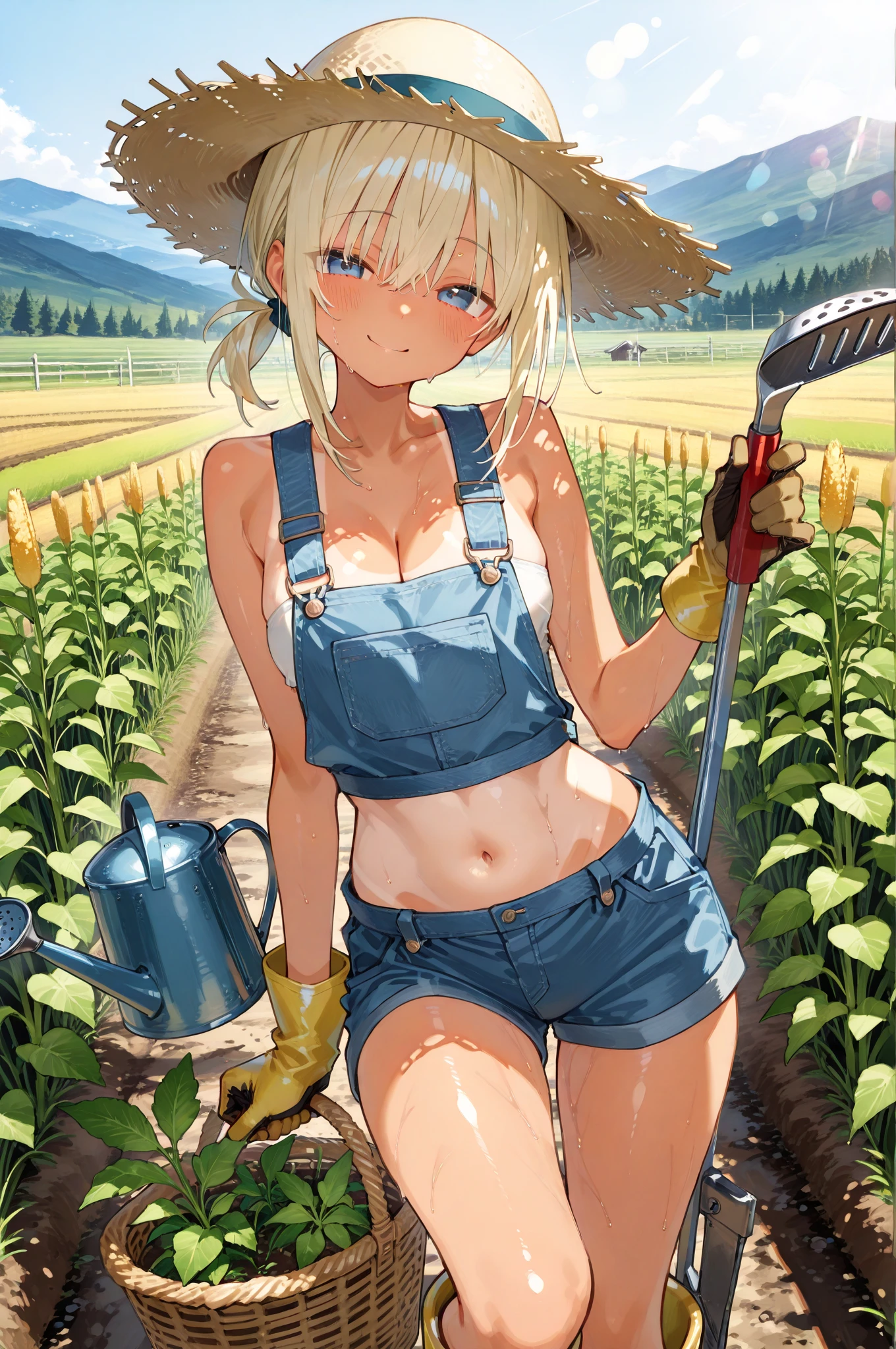 (anime,8k,masterpiece, top quality, best quality,beautiful and aesthetic:1.2,professional illustrasion:1.1,ultra detail:1.3,perfect lighting),extremely detailed,highest detailed,incredibly absurdres , highres, ultra detailed,intricate:1.6,
A quiet American farming village.
A girl working in the fields.
The sun is shining brilliantly.
A fresh wind is blowing.
(girl),(Three kingdoms female),(highly detailed beautiful face and eyes,firm breasts),oily skin,((blonde hair,short bob)),thin pubic hair,cute,lovely,naked overalls ,Arms above head, from above,simile,sexy