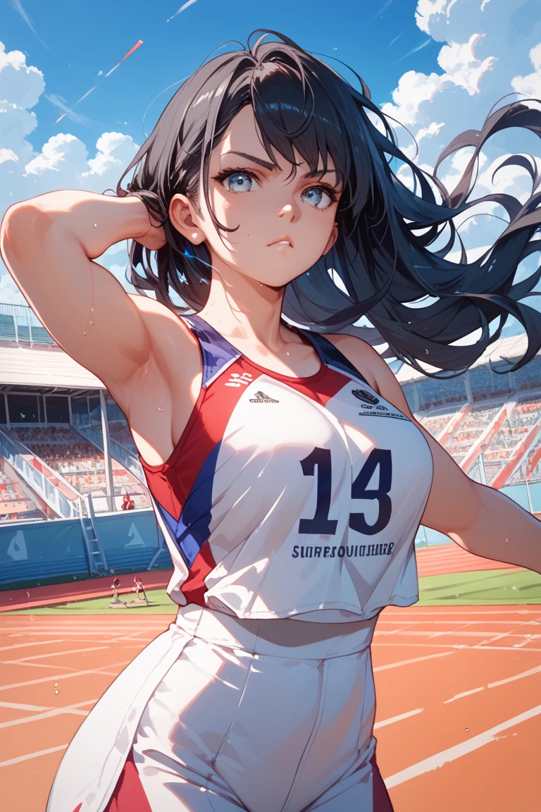  masterpiece, (textured skin), best quality, gorgeous beautiful girl, (a female track and field athlete), detailed clothes,large breasts,narrow waist,, (beautiful face), cinematic lighting, (at track and field ),