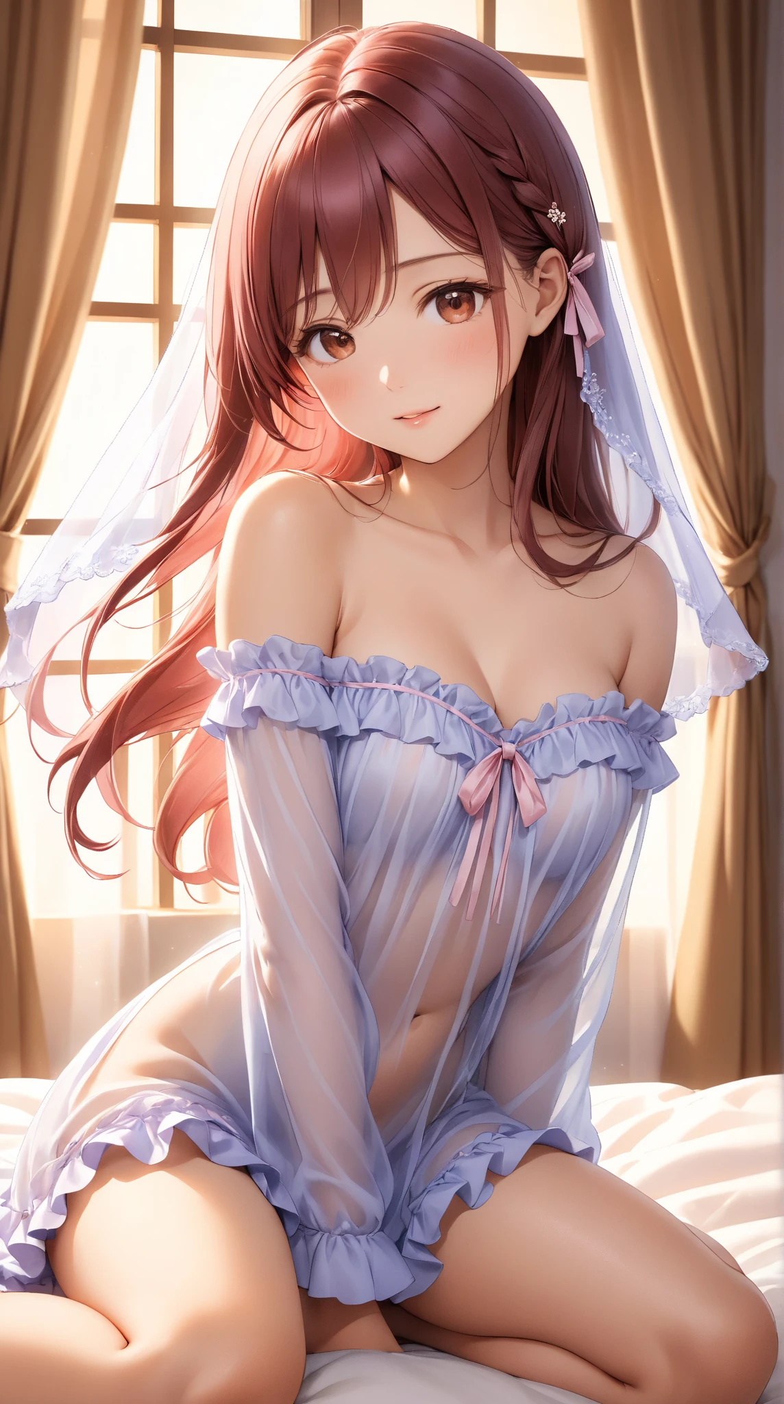 1girls,crimson hair, long hair, blue eyes, top quality, anime girl, sexy girl, naked, clear babydoll,((clear)), ((frilly babydoll)), show her nipples and boobies, ((clear)), show her pussy, ((clear)), open pussy, ((clear)), off shoulder, ((clear)), off Thigh, ((clear)), on her back on her bed, bedroom background,