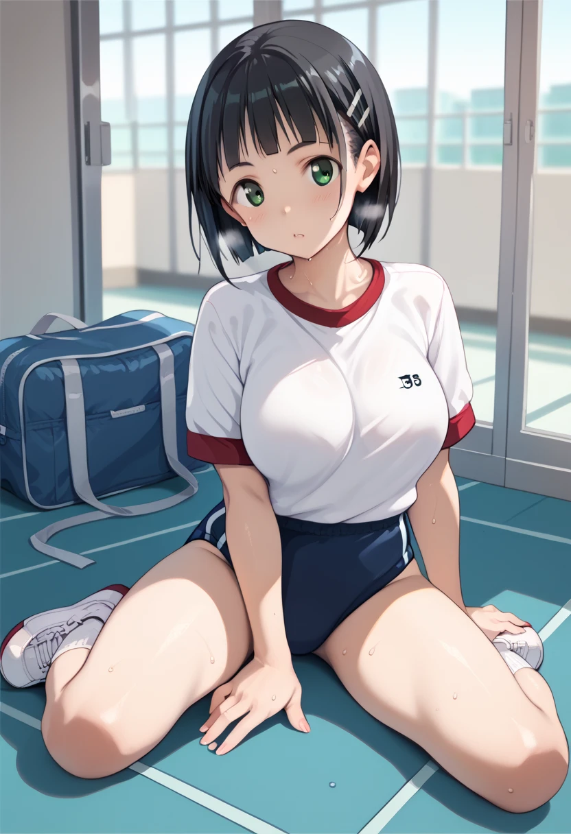 (((1girl))), ((best quality)), ((masterpiece)), ((ultra-detailed)), (illustration), (detailed light), (an extremely delicate and beautiful), (beautiful detailed eyes), (sunlight), ((extremely light)),  ((extremely clothes)), (((hyper detail)))

(((gym uniform))),
,

short bob, ((((black hair)))),  ((lshort hair)),
(((crystal black eyes))), 

(((whole body))), aged 13 to 16, 
(((extra adorable))), (((extra slender shape))), 
(((extremely beautiful detailed face))),
(mischievous smile with sexual satisfaction),  (adorable smile),
(((condescending expression))),

(((squatting in the school gym))), (((((Dutch angle))))),

((())), ((from below)),
(((extremely thin thighs))), (((white socks)))